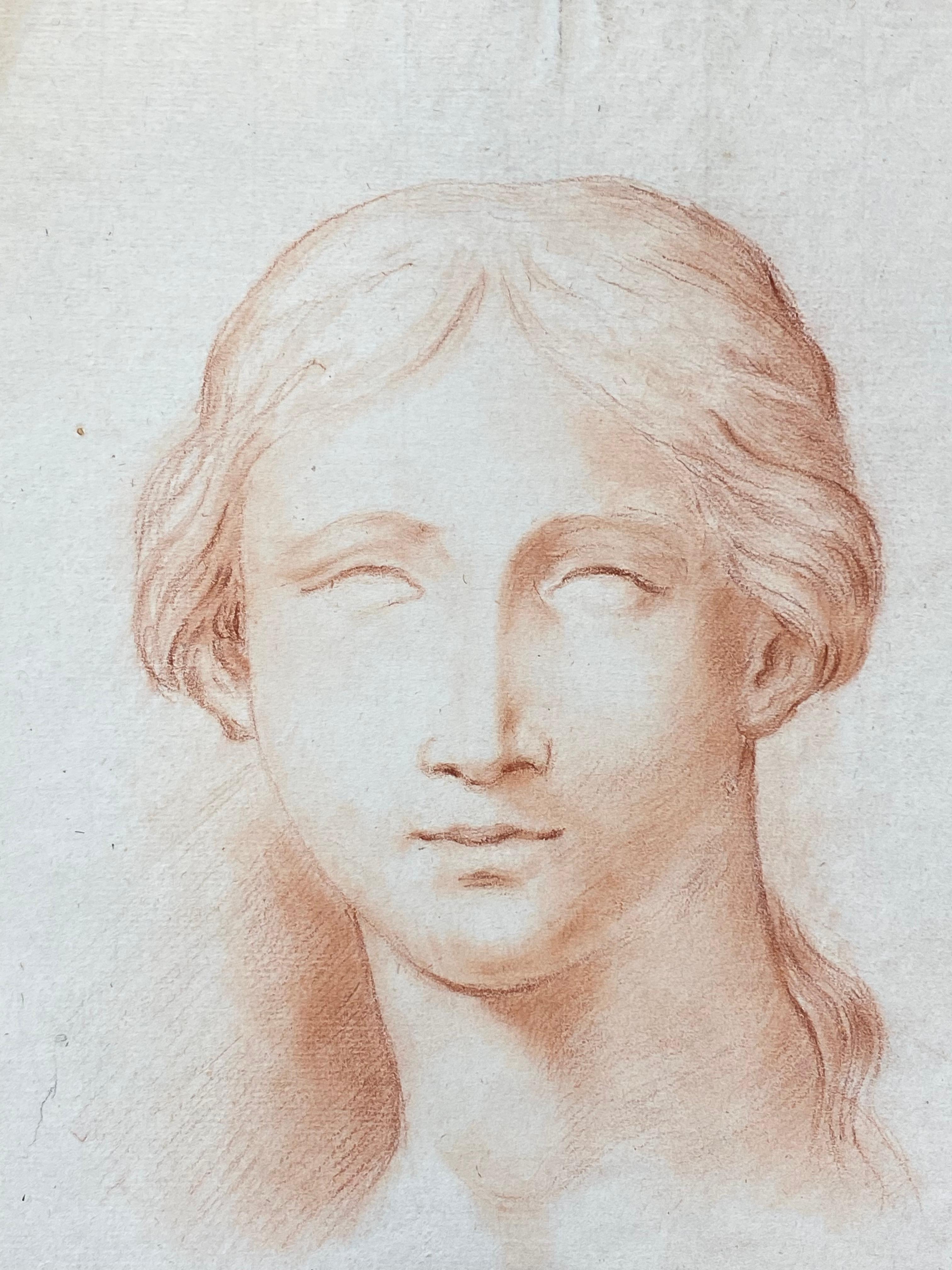 Fine Antique Female Portrait Drawing Sanguine Chalk Head Study - Painting by 19th Century Italian School