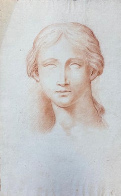 Fine Antique Female Portrait Drawing Sanguine Chalk Head Study