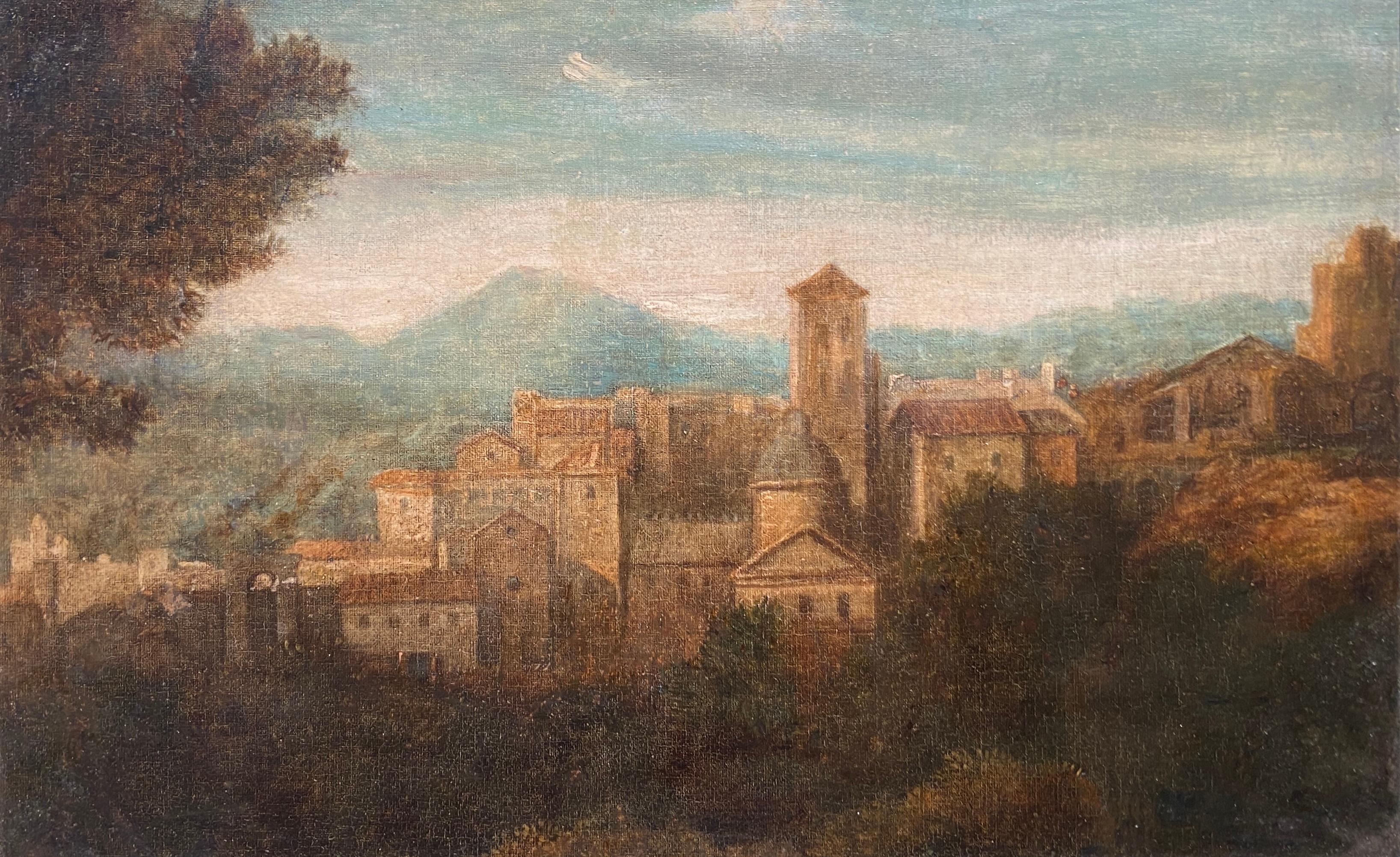 Landscape Painting 19th Century Italian School - The Italian Old Townes, paysage italien du 19e siècle, peinture à l'huile encadrée