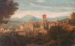 Antique The Italian Old Town, 19th Century Italian Landscape, Framed Oil Painting