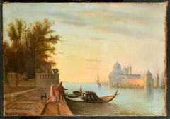 Very Fine 19th Century Italian Oil Painting Romantic Sunset Venetian Canal Scene