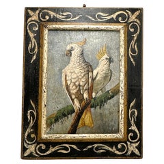 19th Century Italian School Oil on Board – Charming Pair of Cockatoos