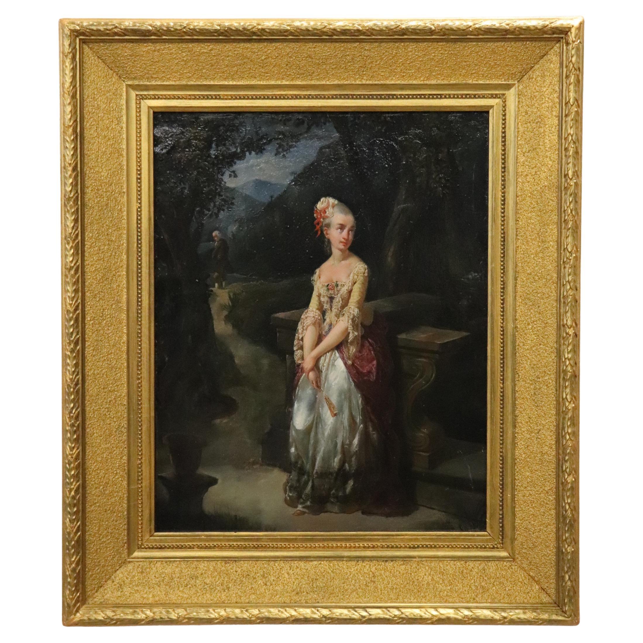 19th-century Italian School Oil Painting, a Young Lady in the Garden
