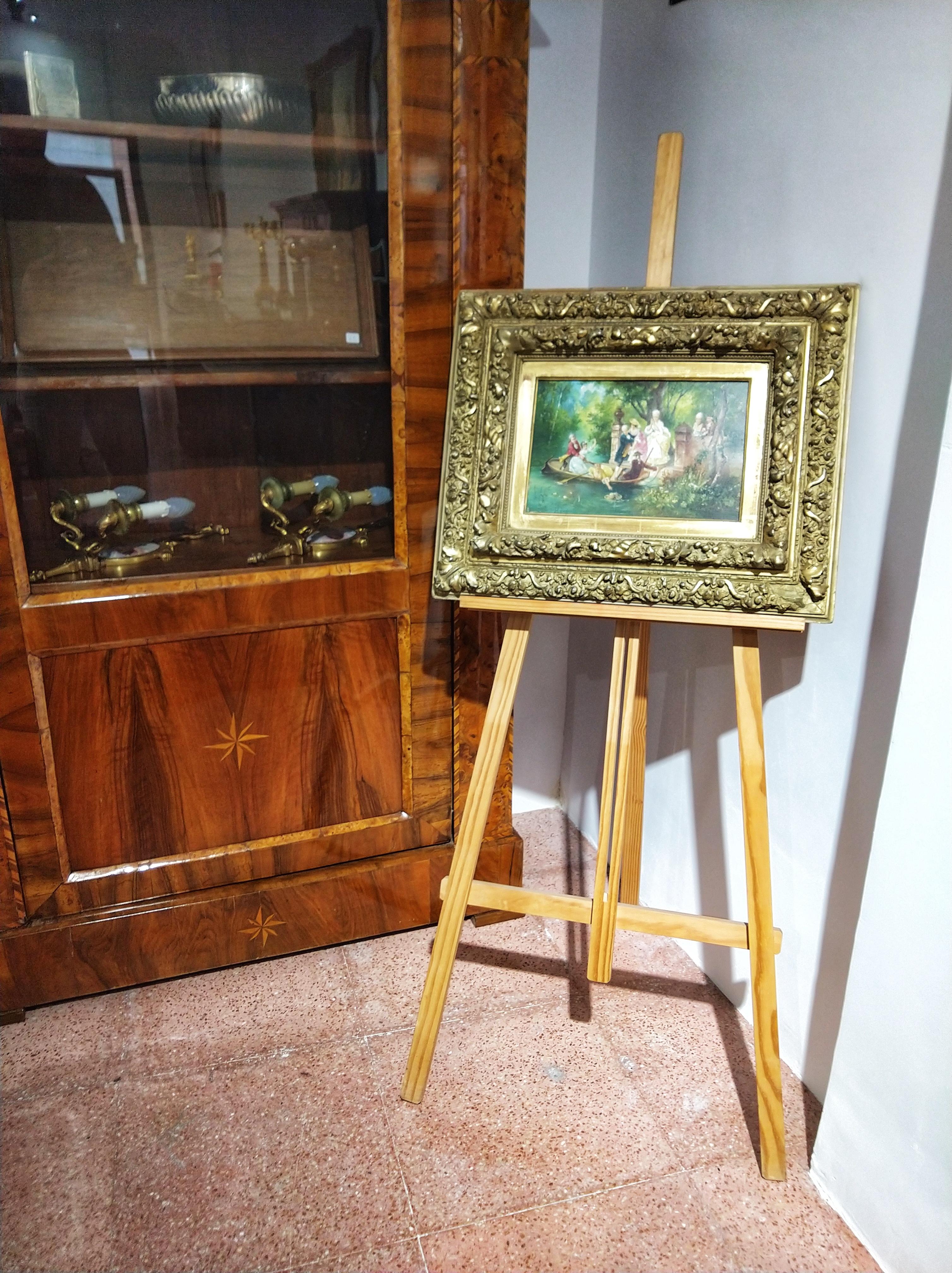 19th century Italian school oil painting on wood, small lake of Villa Borghese scene in Rome, signed an with beautiful coeval frame.