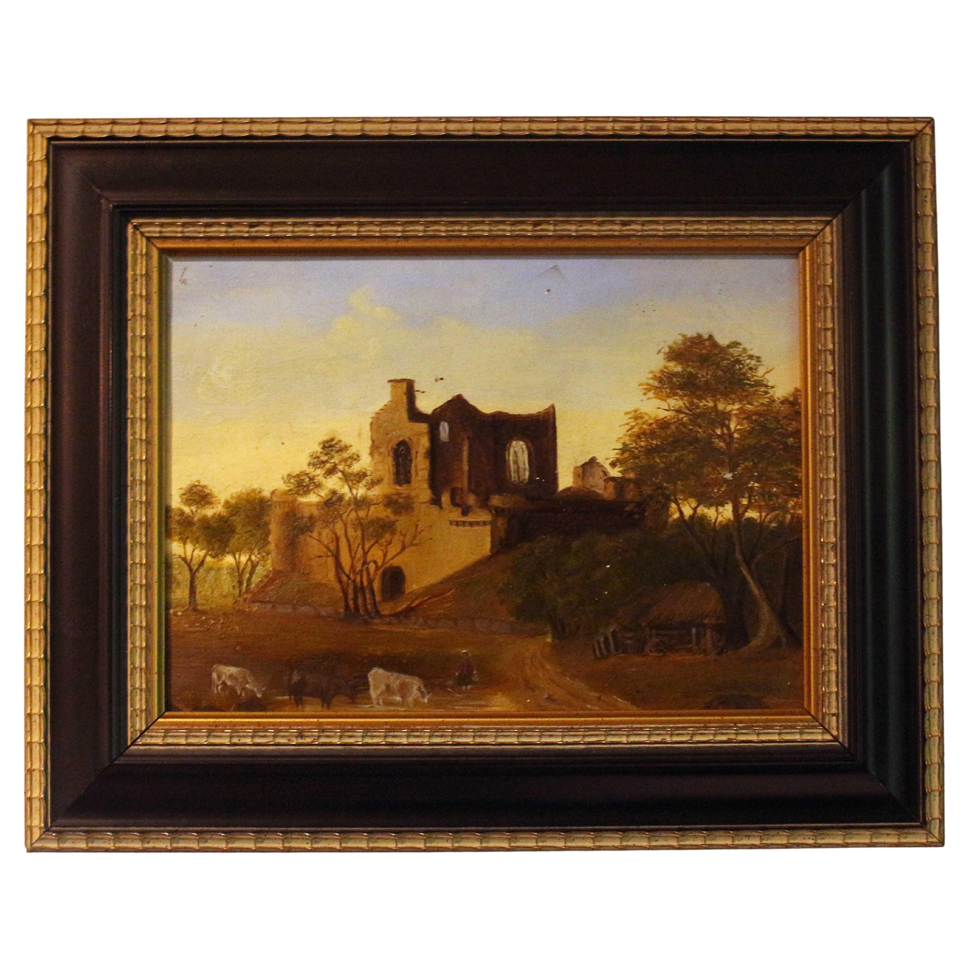 Peinture à l'huile de l'école italienne du 19e siècle "Ruines sur une Hillside"