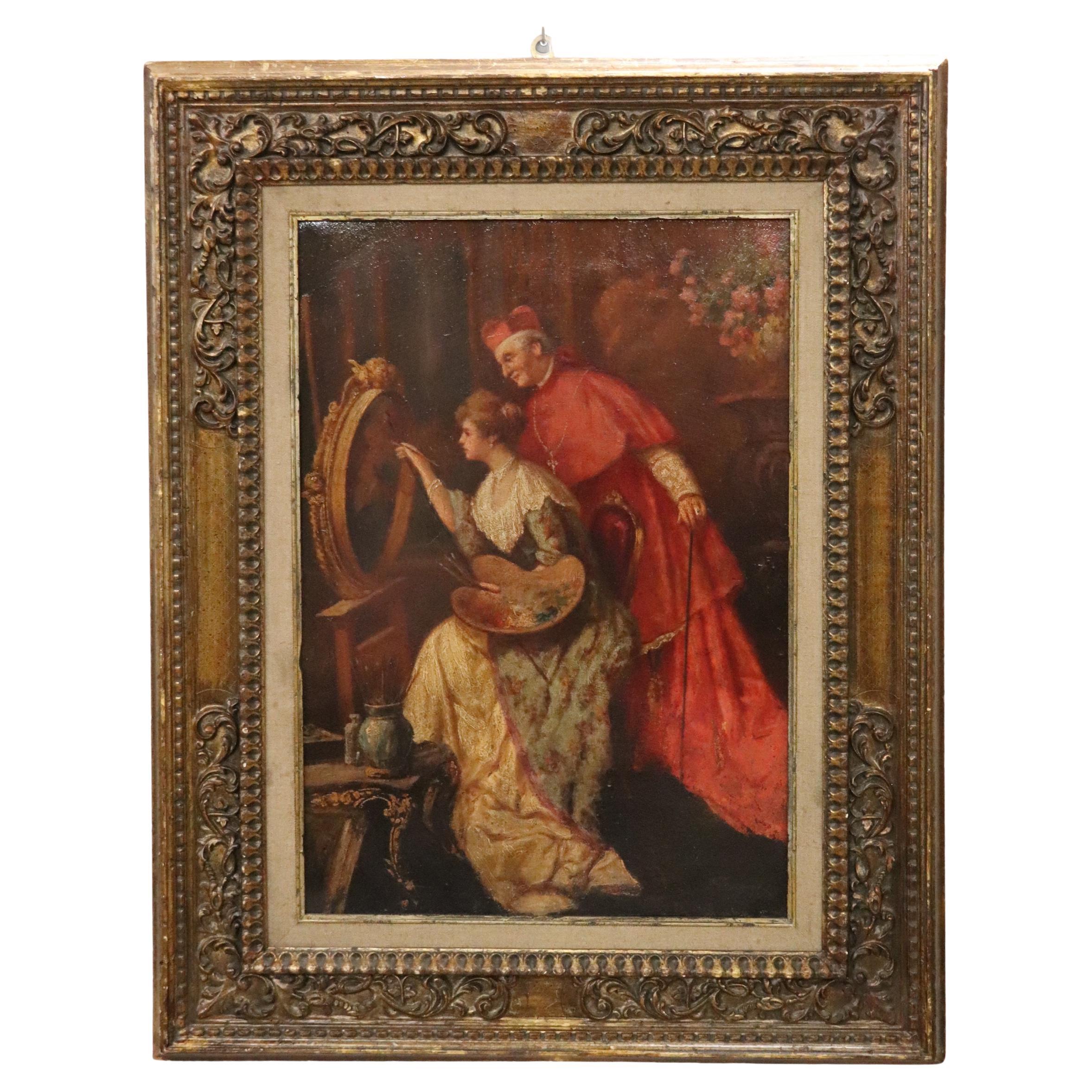 Ölgemälde der italienischen Schule des 19. Jahrhunderts, Junge Malerin mit Kardinal im Angebot