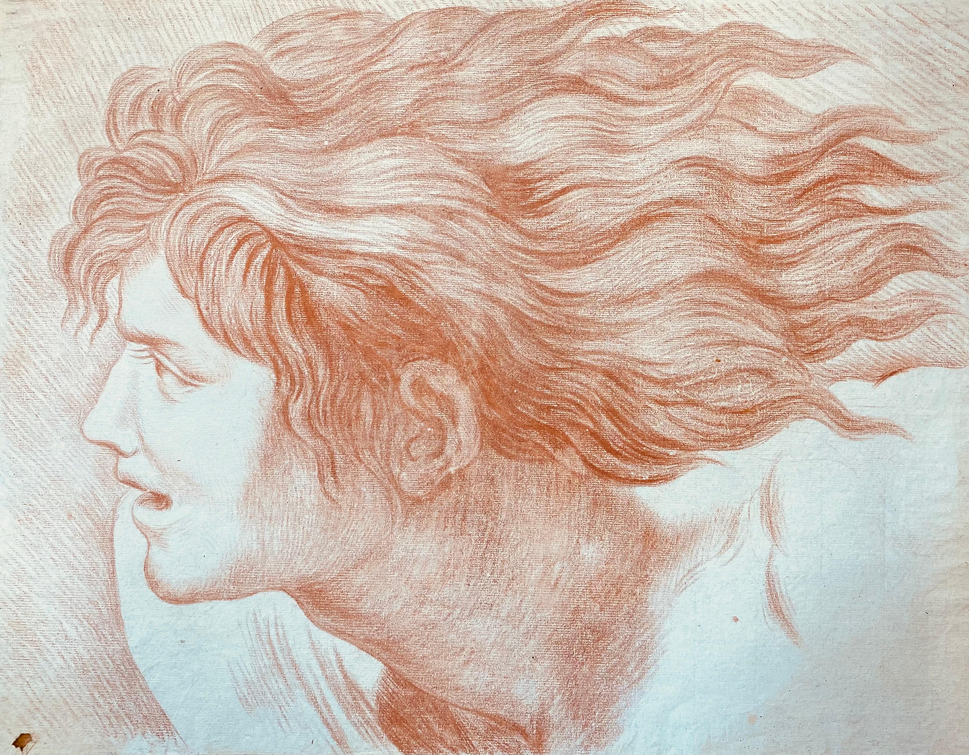19th century Italian School Figurative Painting - 1800's Italian Old Master Sanguine Chalk Drawing Head Portrait Fiery Man