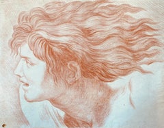 Antique 1800's Italian Old Master Sanguine Chalk Drawing Head Portrait Fiery Man
