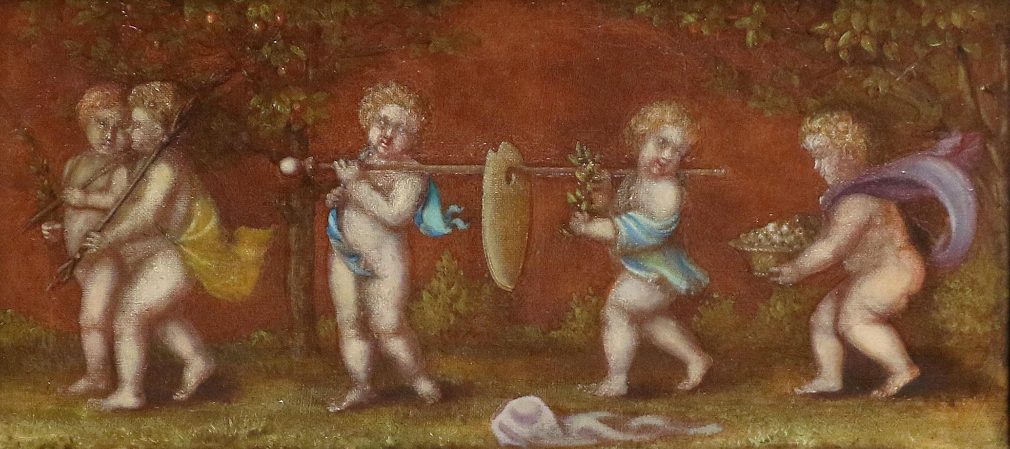 Peinture à l'huile italienne ancienne représentant une procession d'angelots chérubins jouant avec des fleurs - Painting de 19th century Italian School