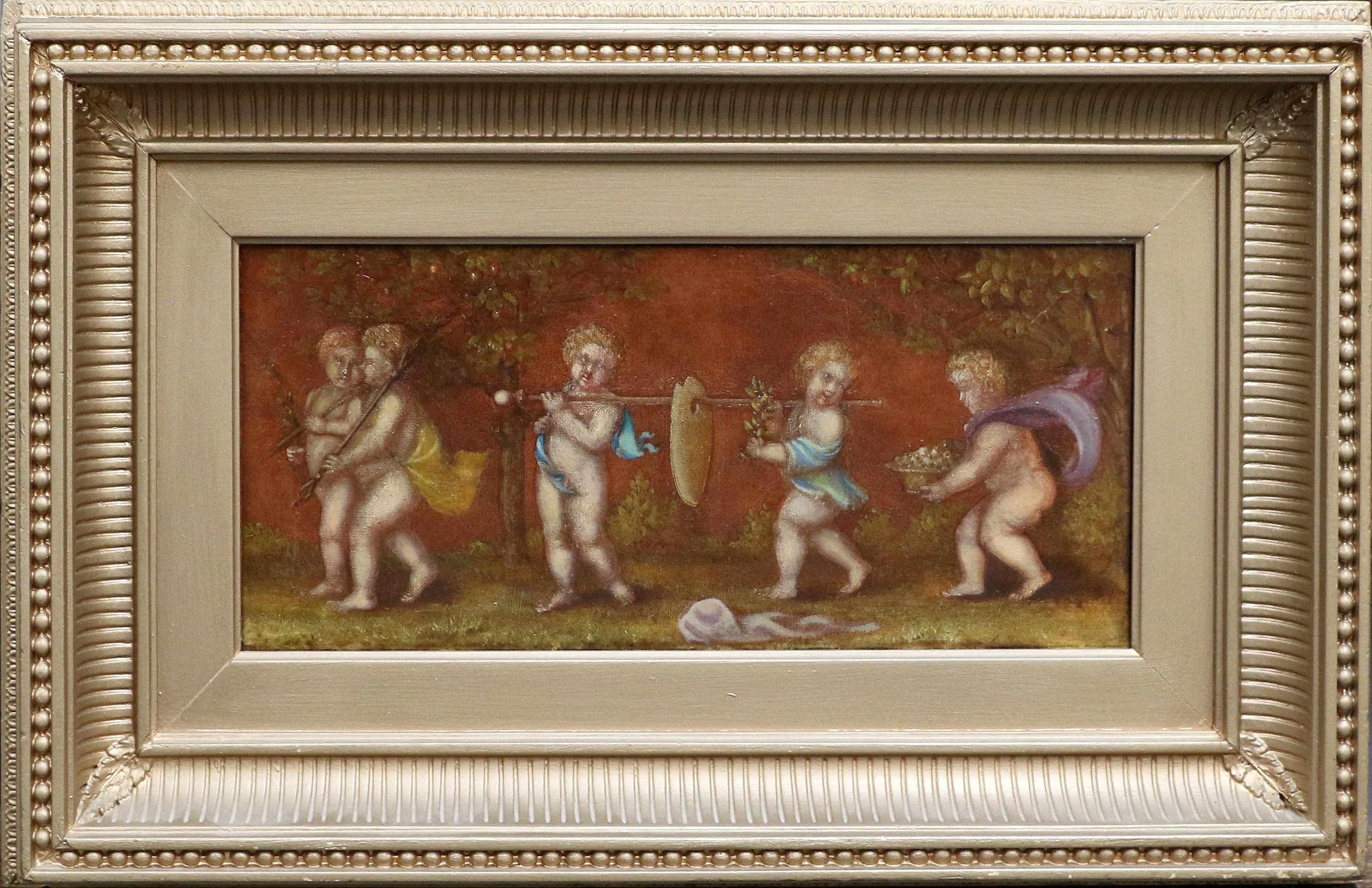 Figurative Painting 19th century Italian School - Peinture à l'huile italienne ancienne représentant une procession d'angelots chérubins jouant avec des fleurs