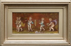 Peinture à l'huile italienne ancienne représentant une procession d'angelots chérubins jouant avec des fleurs