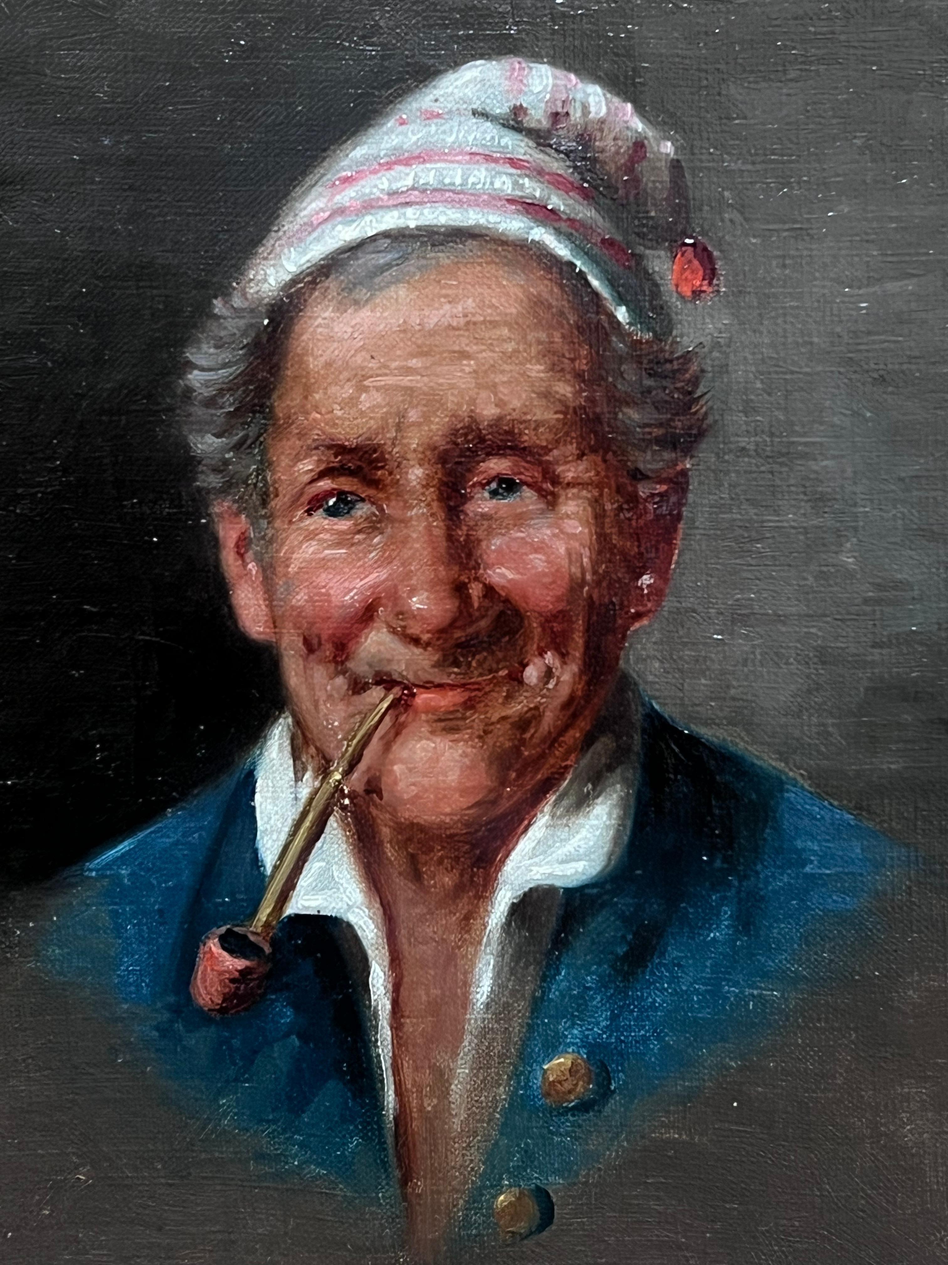 Antique Italian Portrait of Old Fisherman with Pipe Characterful Chap - Black Figurative Painting by 19th century Italian School