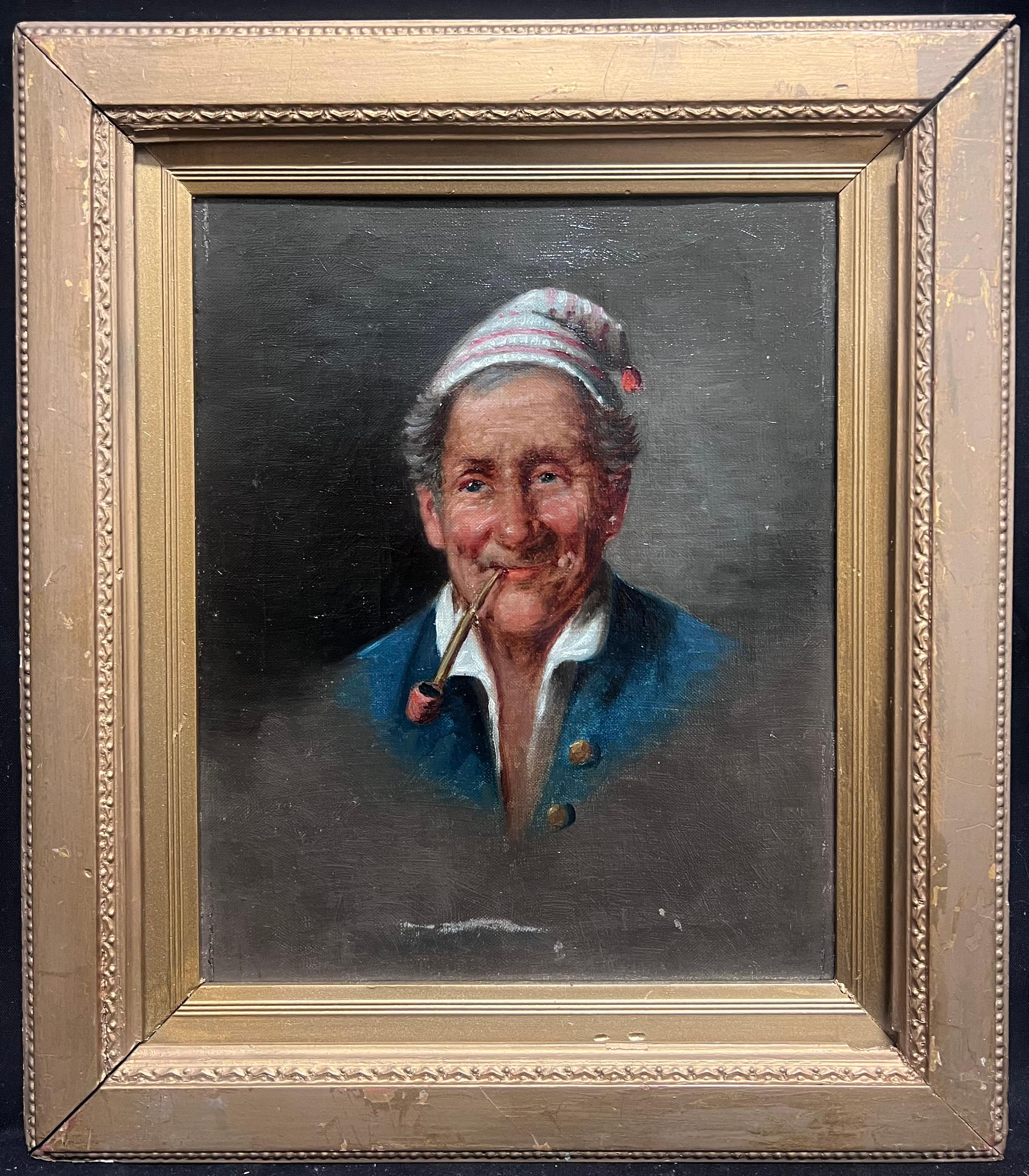 19th century Italian School Figurative Painting - Antique Italian Portrait of Old Fisherman with Pipe Characterful Chap
