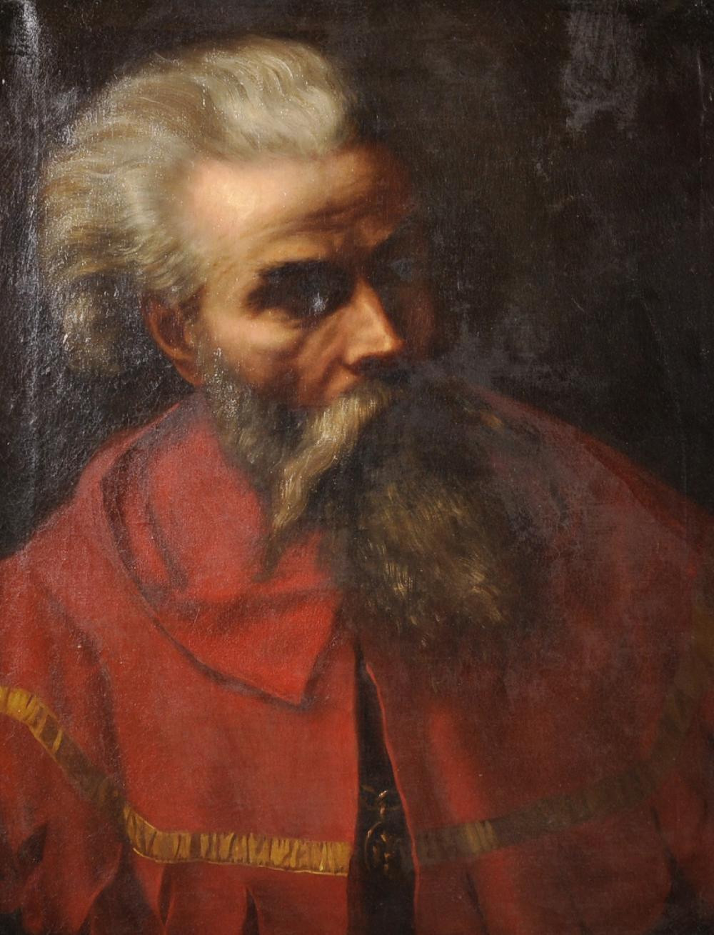 19th century Italian School. Portrait of a bearded man in a ceremonial red cloak and wearing a medallion of his order. Oil on canvas in an original beautifully carved giltwood Florentine frame.

Measures: Framed 80cm x 68cm
Unframed 57cm x 43cm.