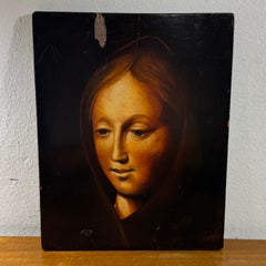 19th Century Italian School Style Devotional Oil Painting Madonna on Wood Panel