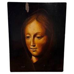 19th Century Italian School Style Devotional Oil Painting Madonna on Wood Panel