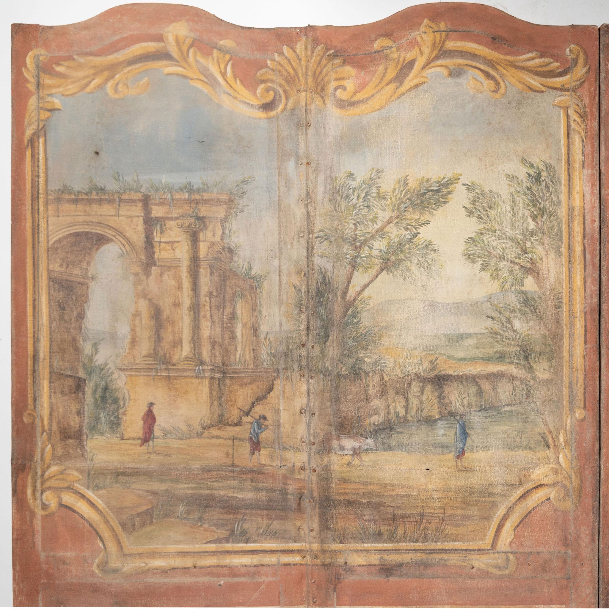 19th Century antique Italian screen, this would also look lovely as a wall panel. As a wall panel it is 118 inches long, as a screen it is approximately 86.5 inches long depending how much you fold it in. The scenes are just lovely, soft colour