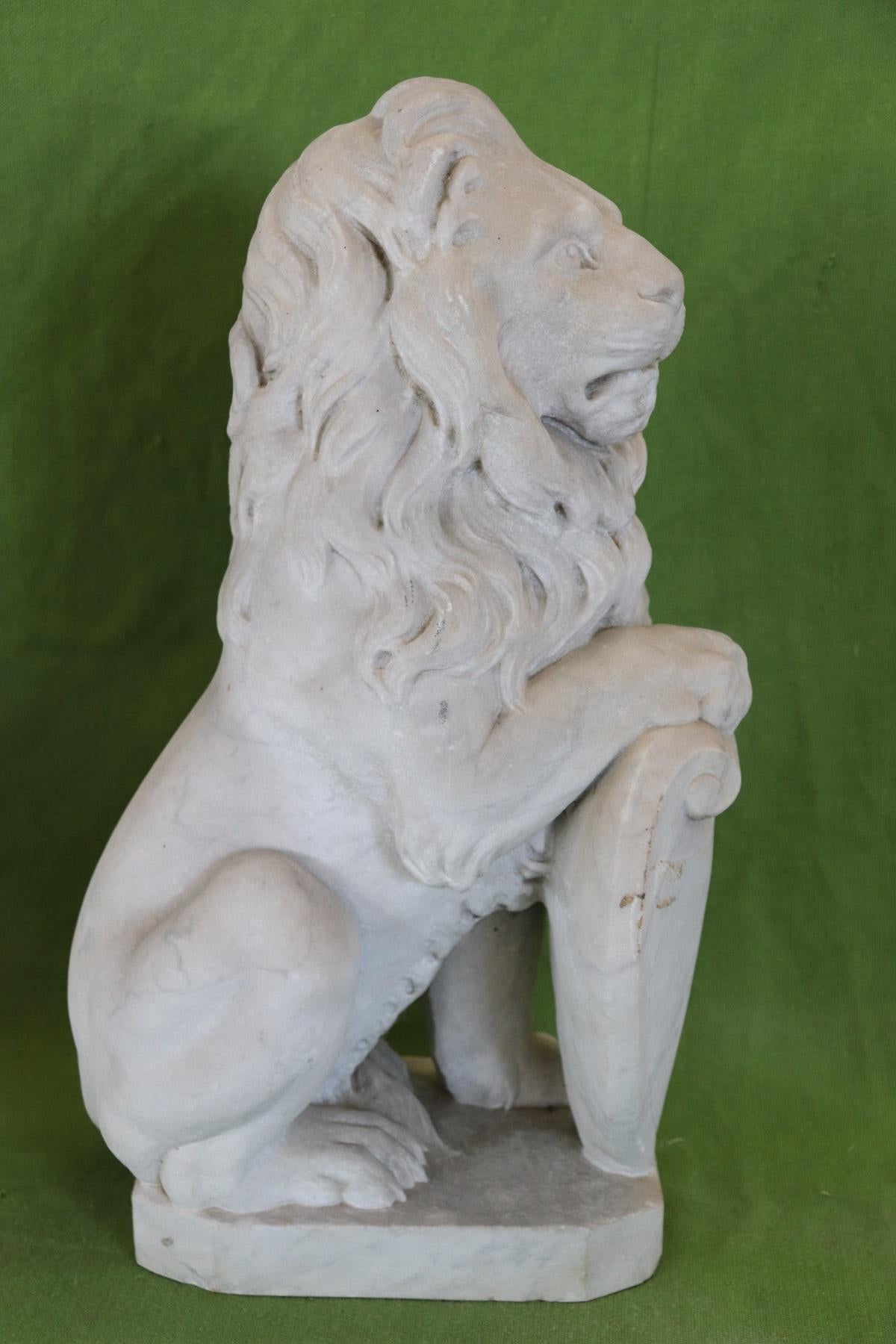 19th Century Italian Sculpture in White Marble of Carrara Pair of Lions 10