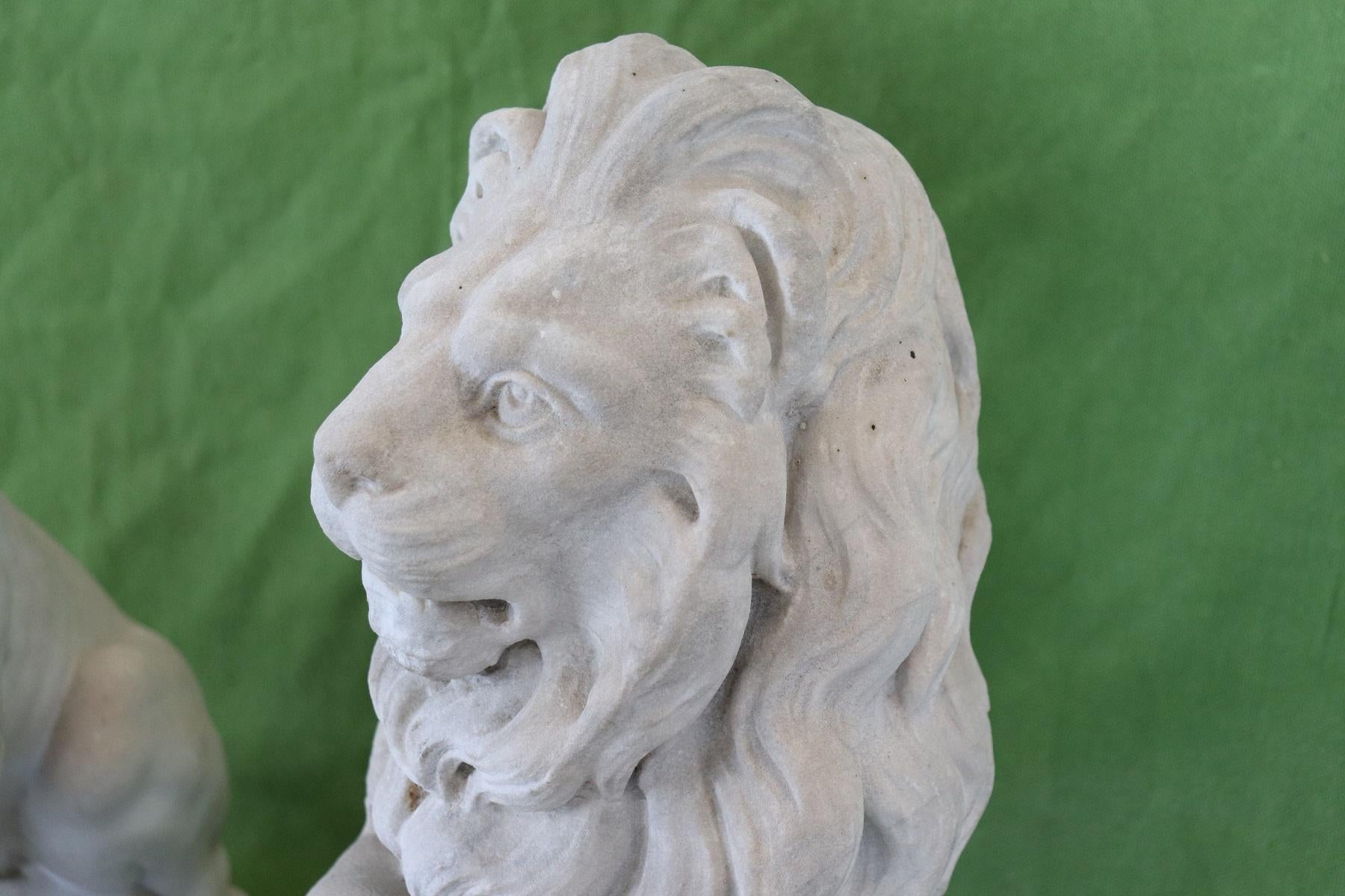 Late 19th Century 19th Century Italian Sculpture in White Marble of Carrara Pair of Lions