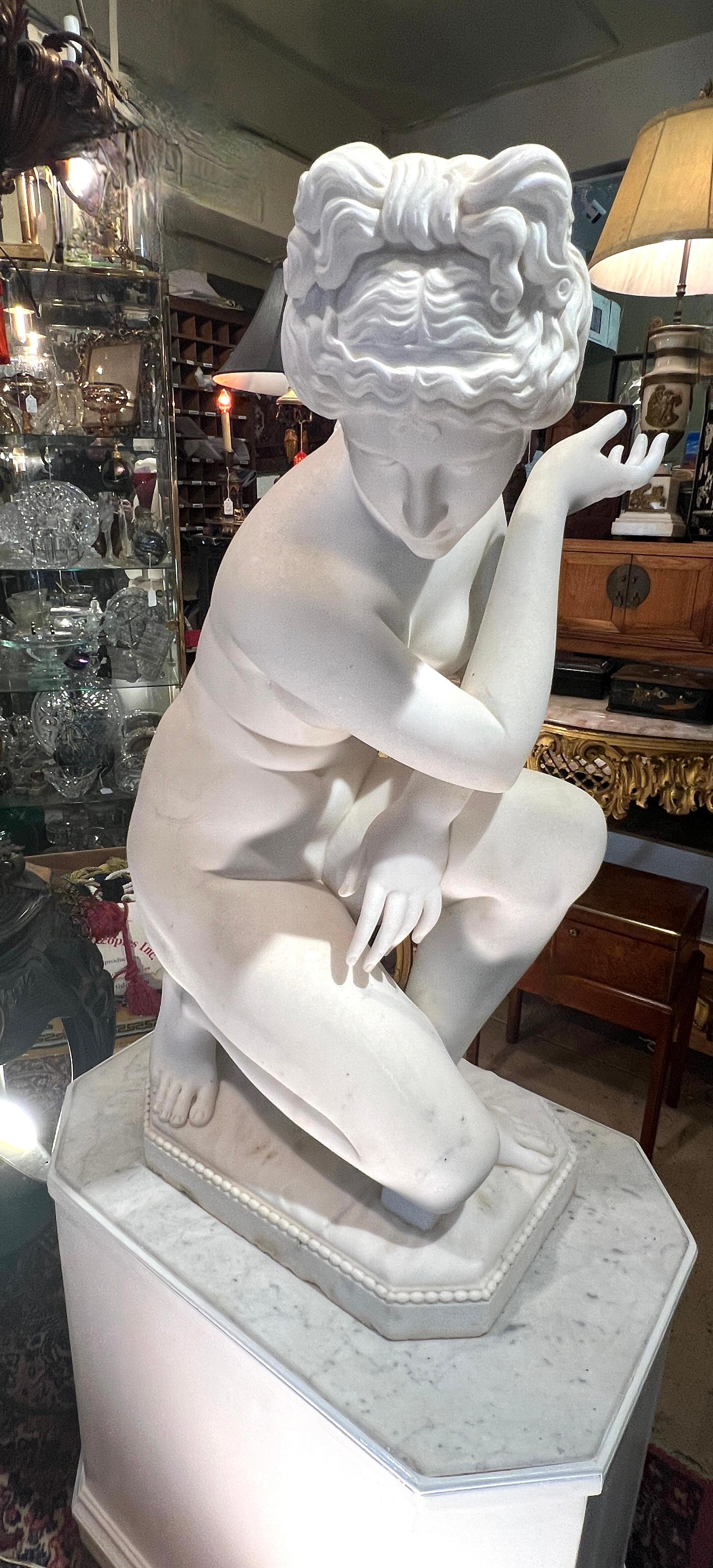 Carrara Marble 19th Century Italian Sculpture of Crouching Venus on Custom Pedestal
