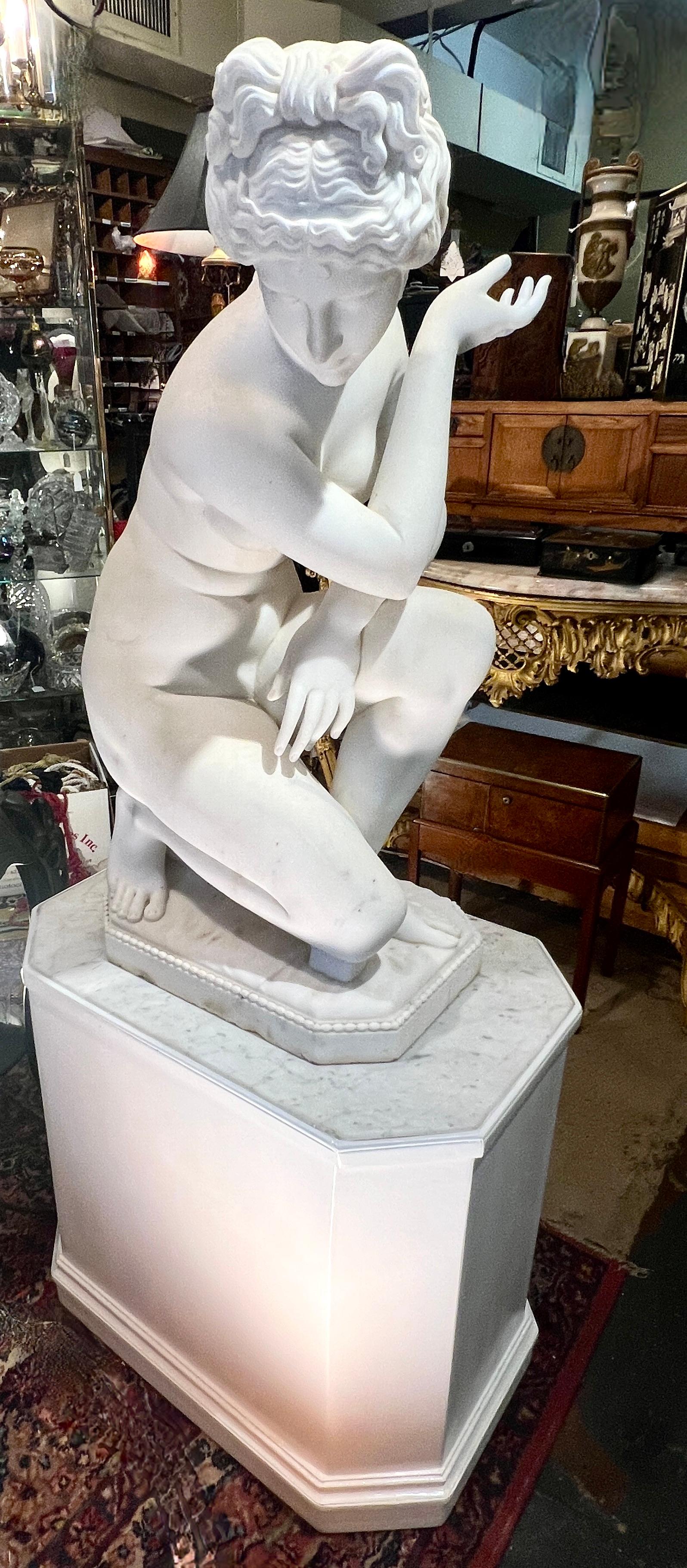 19th Century Italian Sculpture of Crouching Venus on Custom Pedestal 1