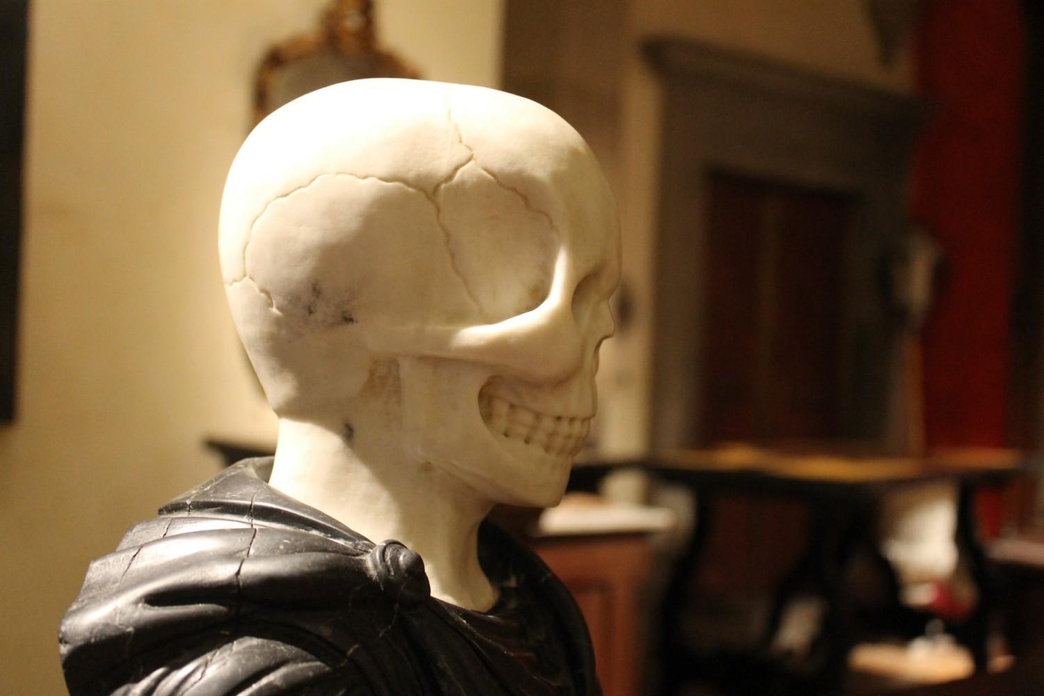 Renaissance 19th Century Italian Sculpture White Carrara Skull, Black Marquina Marble Bust