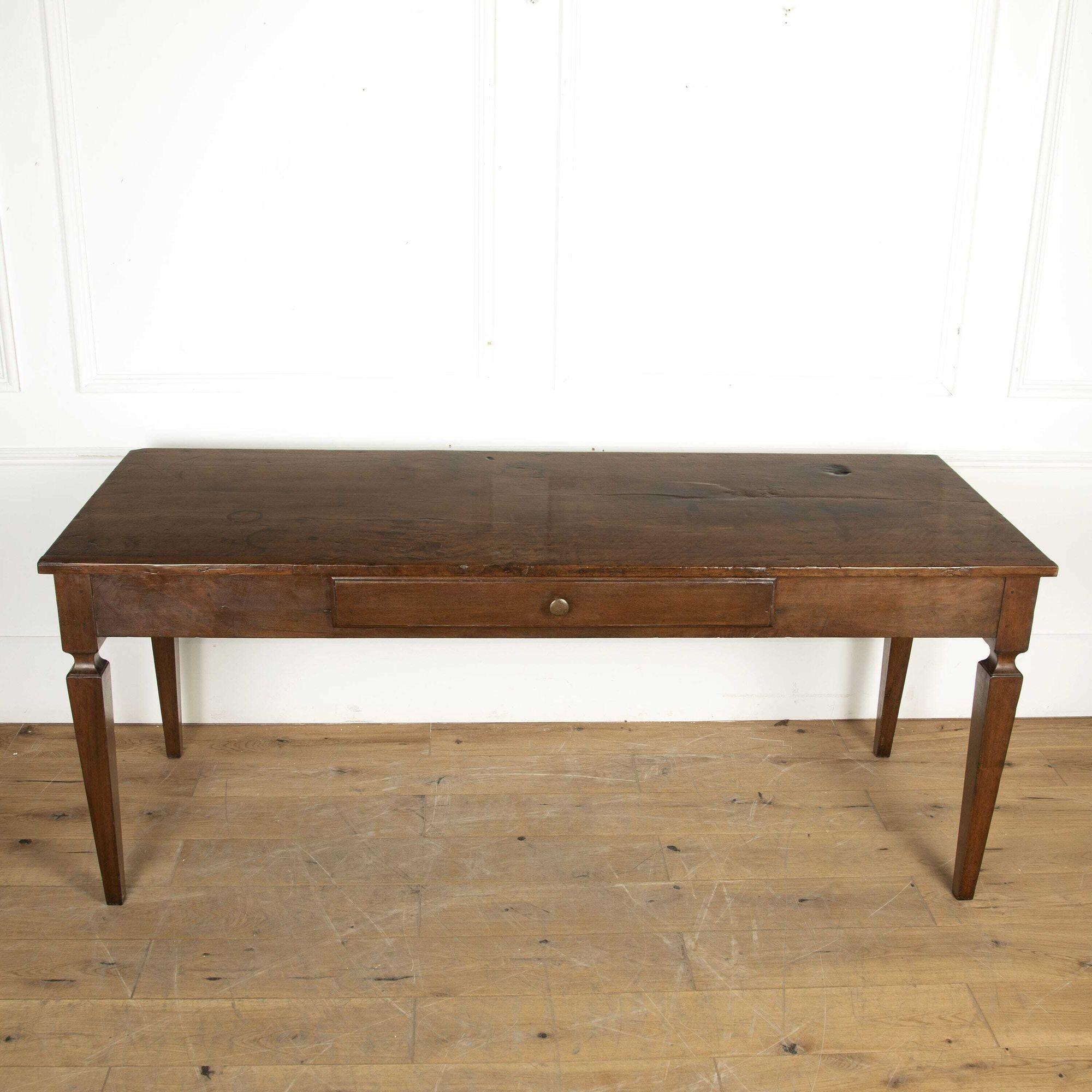 19th century Italian walnut serving table from Venice.
With a single drawer on the front and attractive shaped legs, this piece has a lovely patina but does have a few marks on the top commensurate with age.
This fabulous serving table would look