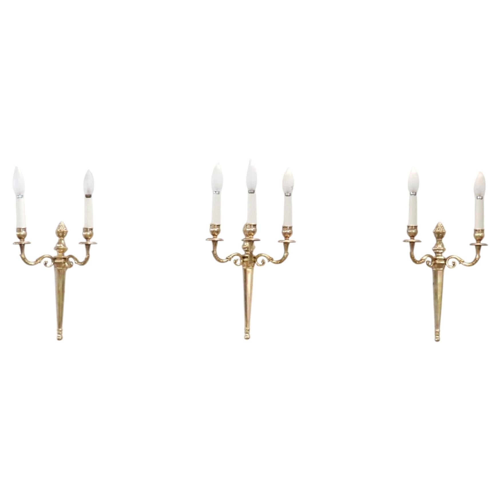 19th Century Italian Set of 3 Sconces or Wall Lights in Gilded Brass For Sale