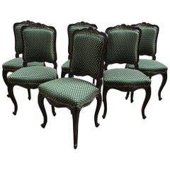 Antique 19th Century Italian Set of 6 Black Wooden Chairs with New Upholstery, 1890s