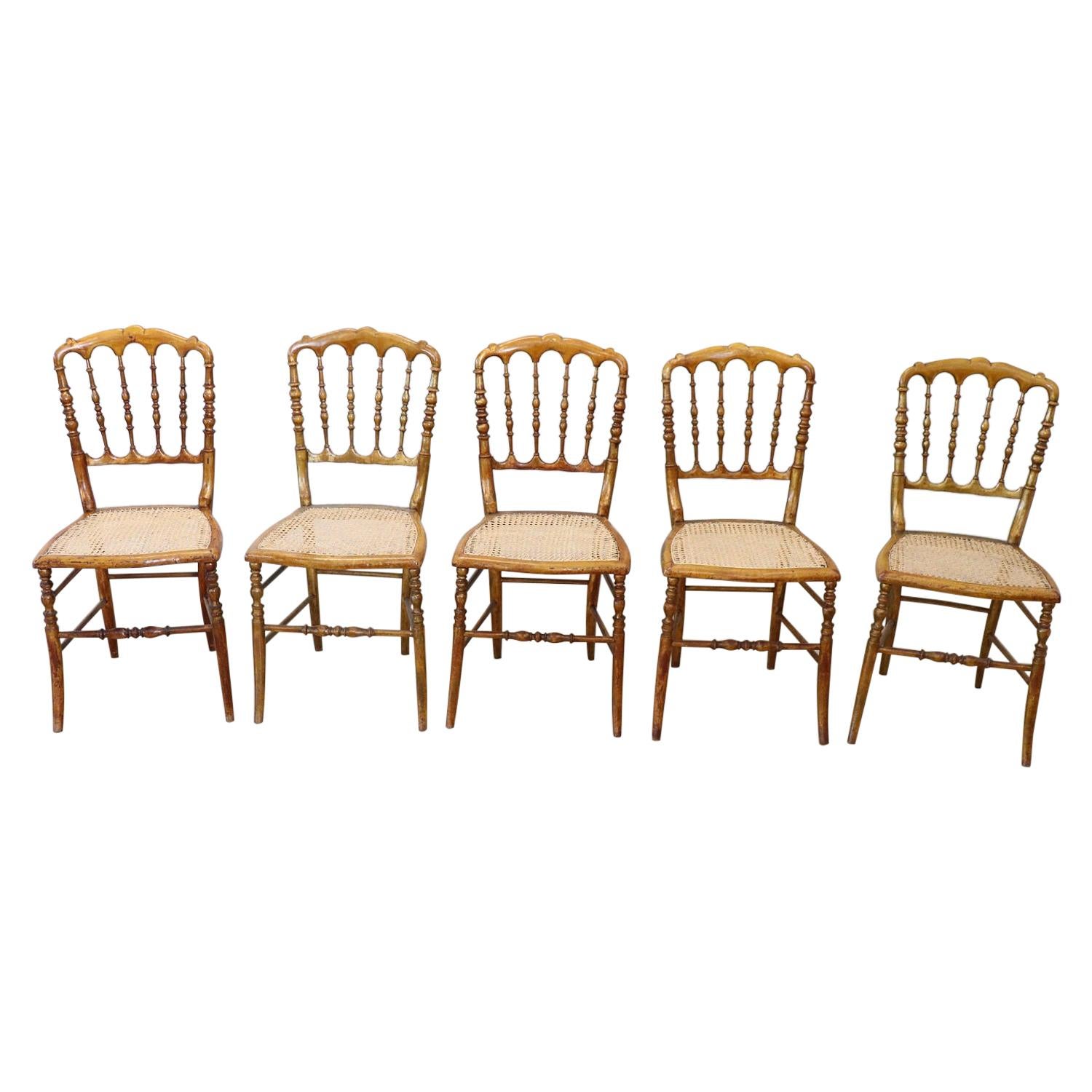 19th Century Italian Set of Five Turned Wood Famous Chiavari Chairs