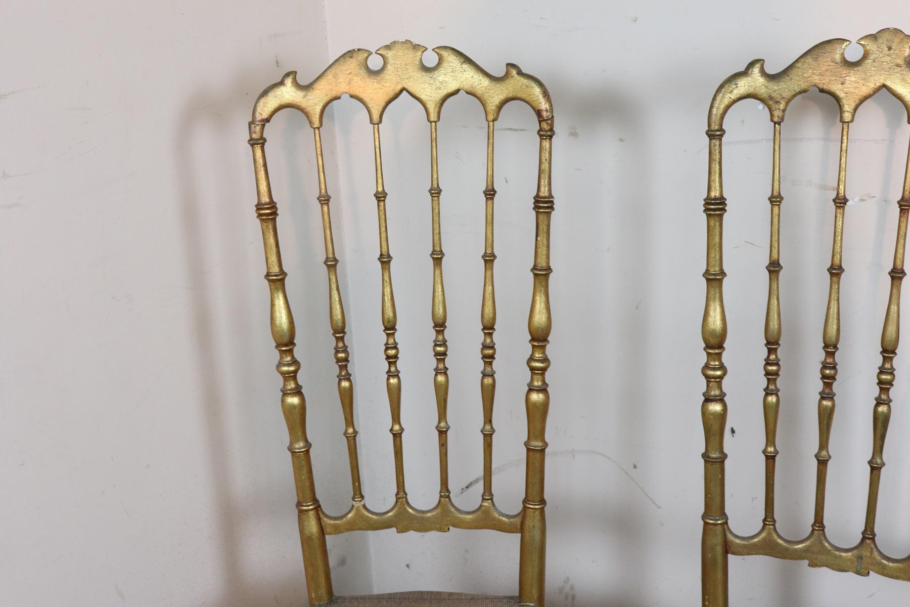 19th Century Italian Set of Four Turned and Gilded Wooden Famous Chiavari Chairs In Fair Condition In Casale Monferrato, IT