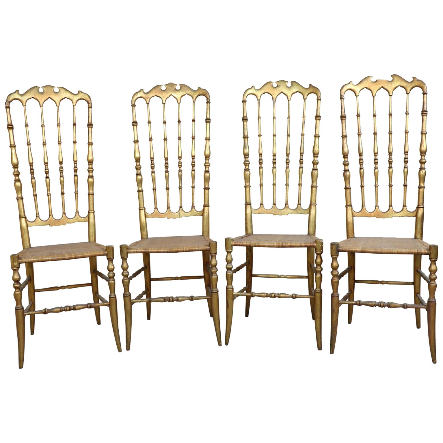 19th Century Italian Set of Four Turned and Gilded Wooden Famous Chiavari Chairs
