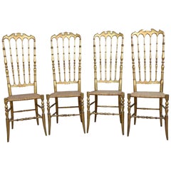 19th Century Italian Set of Four Turned and Gilded Wooden Famous Chiavari Chairs