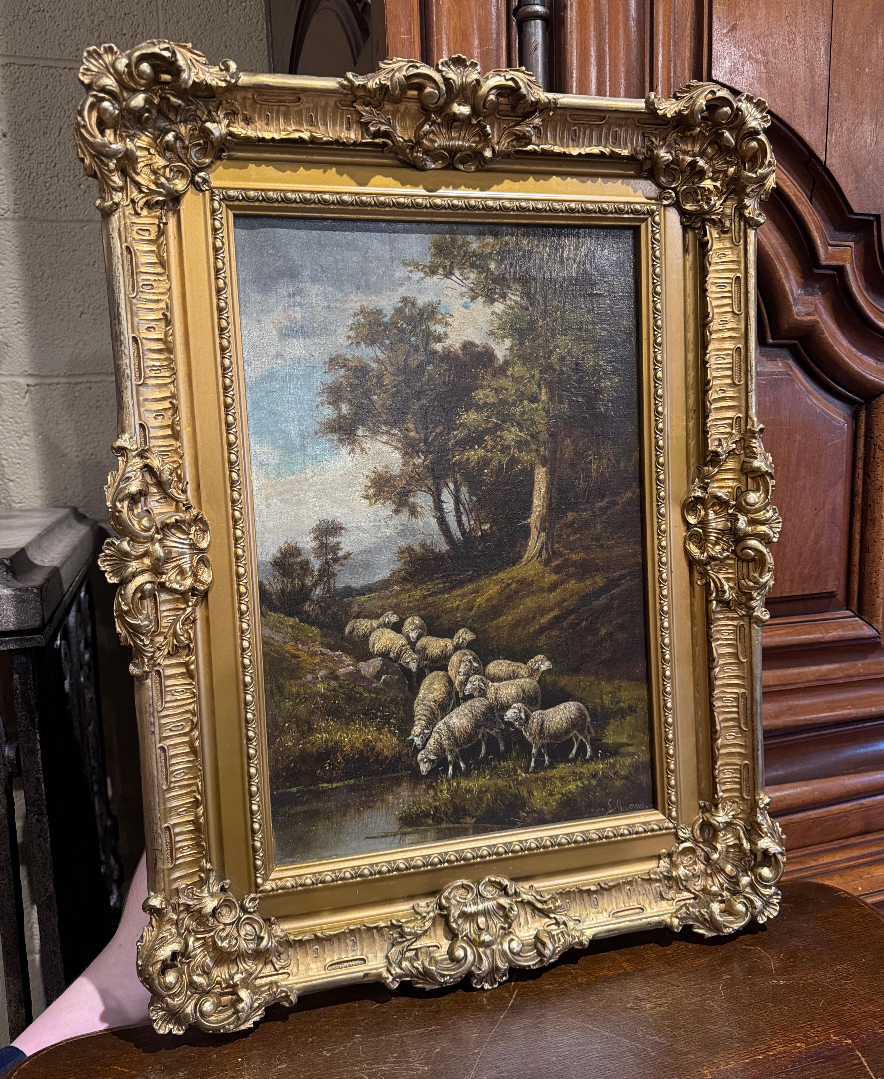 Pittura ad olio su pecora italiana del XIX secolo con cornice dorata intagliata firmata G. Milone in vendita 4
