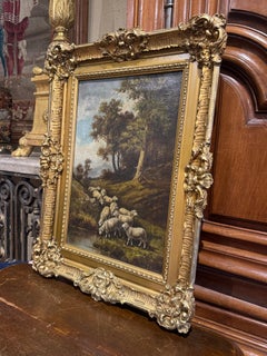 19th Century Italian Sheep Oil Painting in Carved Gilt Frame Signed G. Milone