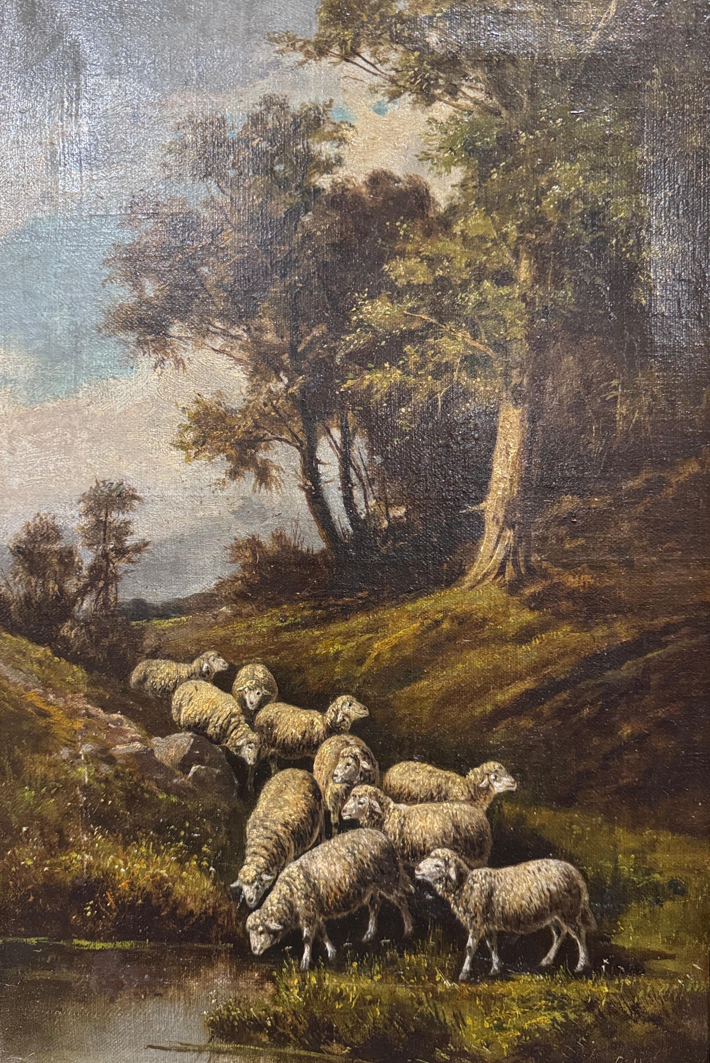 Italiano Pittura ad olio su pecora italiana del XIX secolo con cornice dorata intagliata firmata G. Milone in vendita