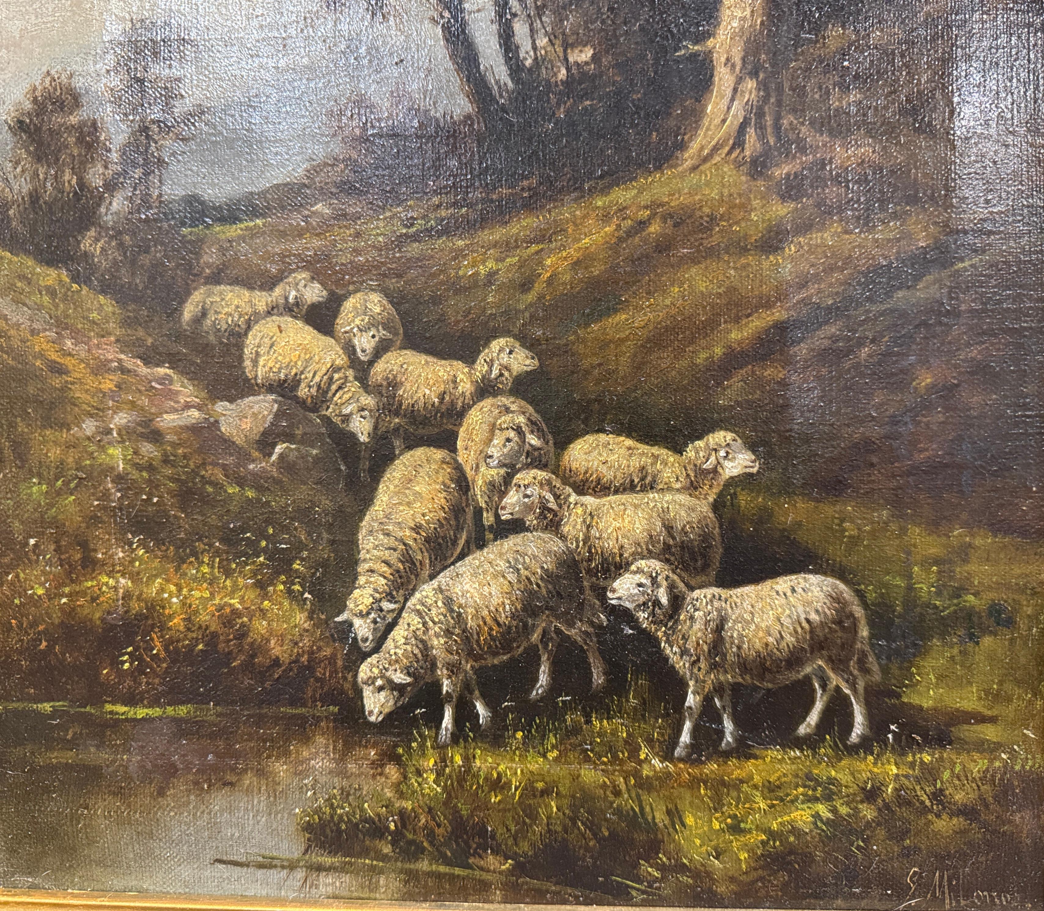 Dorato Pittura ad olio su pecora italiana del XIX secolo con cornice dorata intagliata firmata G. Milone in vendita