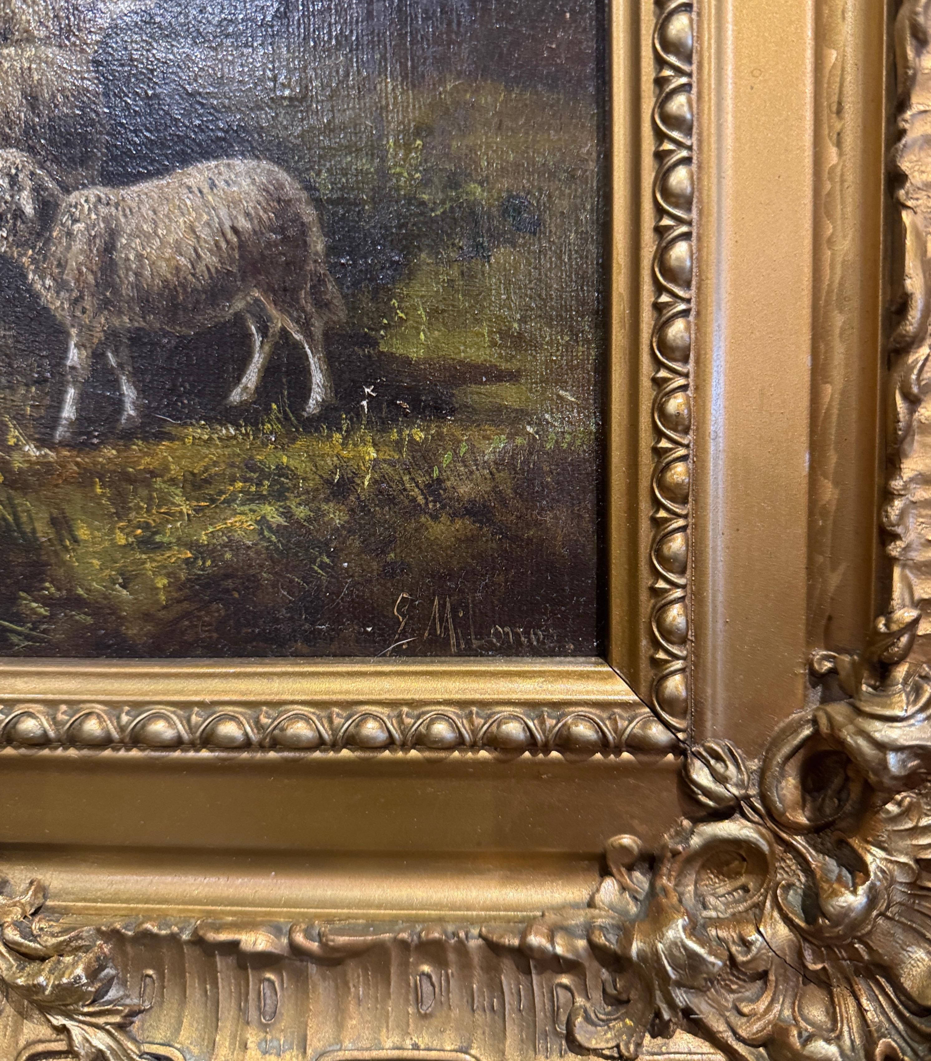 Pittura ad olio su pecora italiana del XIX secolo con cornice dorata intagliata firmata G. Milone In condizioni ottime in vendita a Dallas, TX