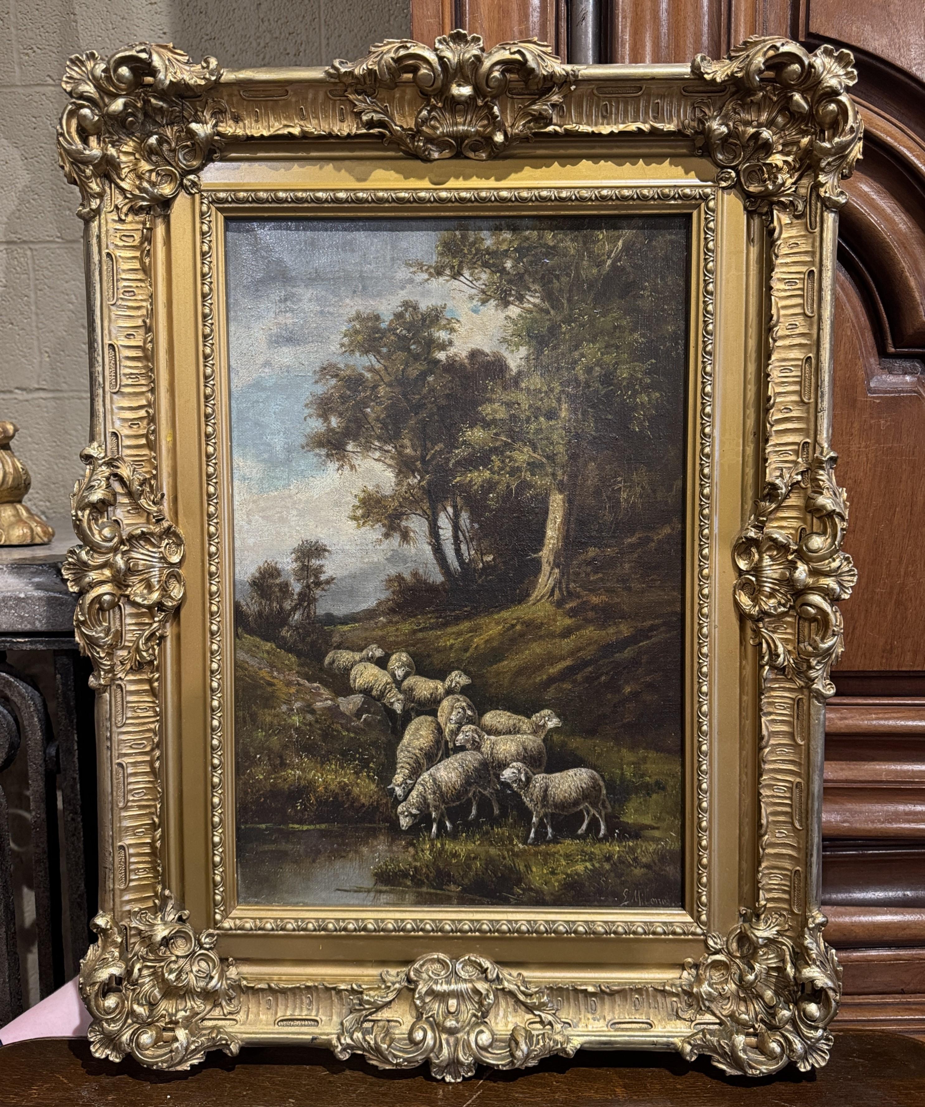 Legno dorato Pittura ad olio su pecora italiana del XIX secolo con cornice dorata intagliata firmata G. Milone in vendita