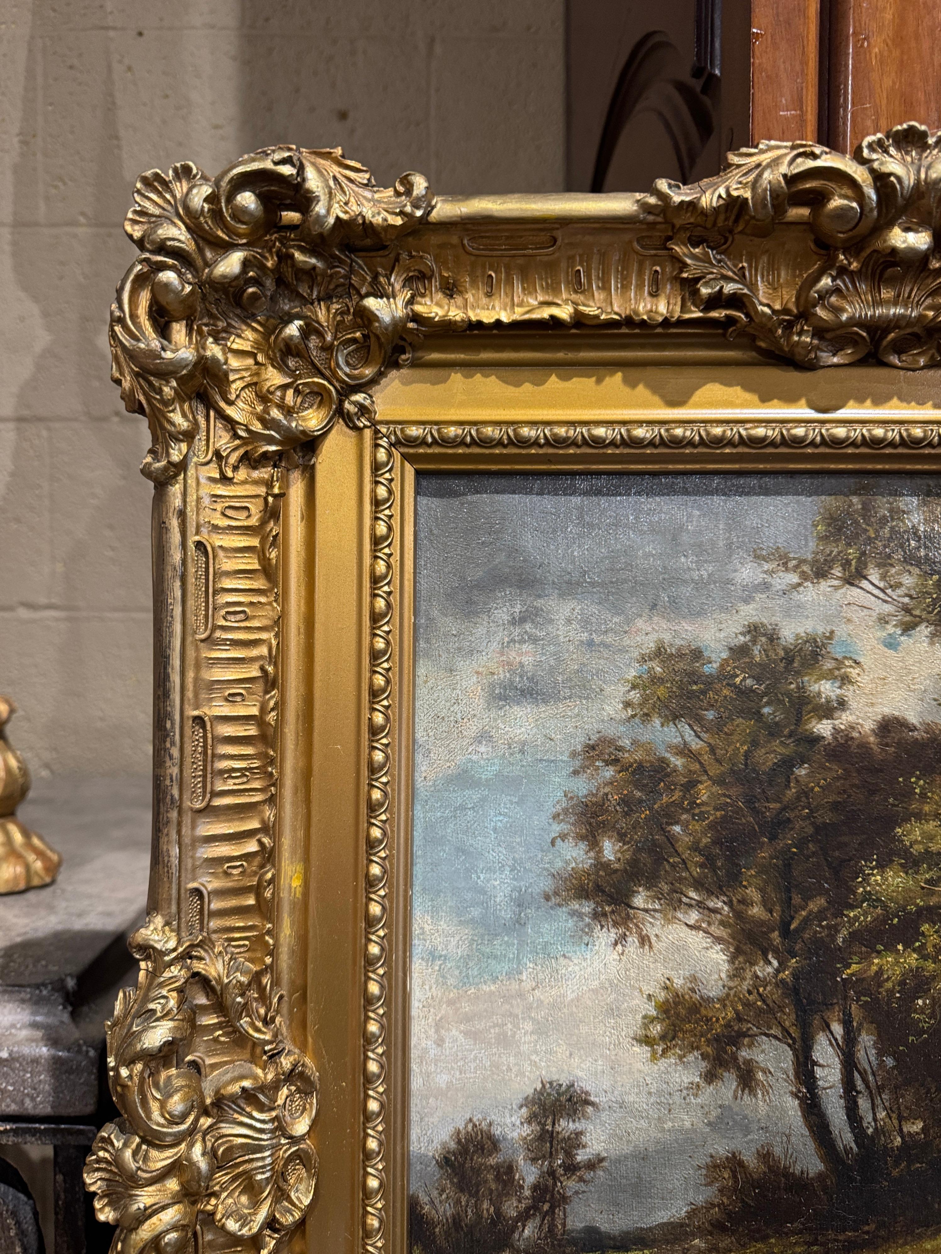 Pittura ad olio su pecora italiana del XIX secolo con cornice dorata intagliata firmata G. Milone in vendita 1