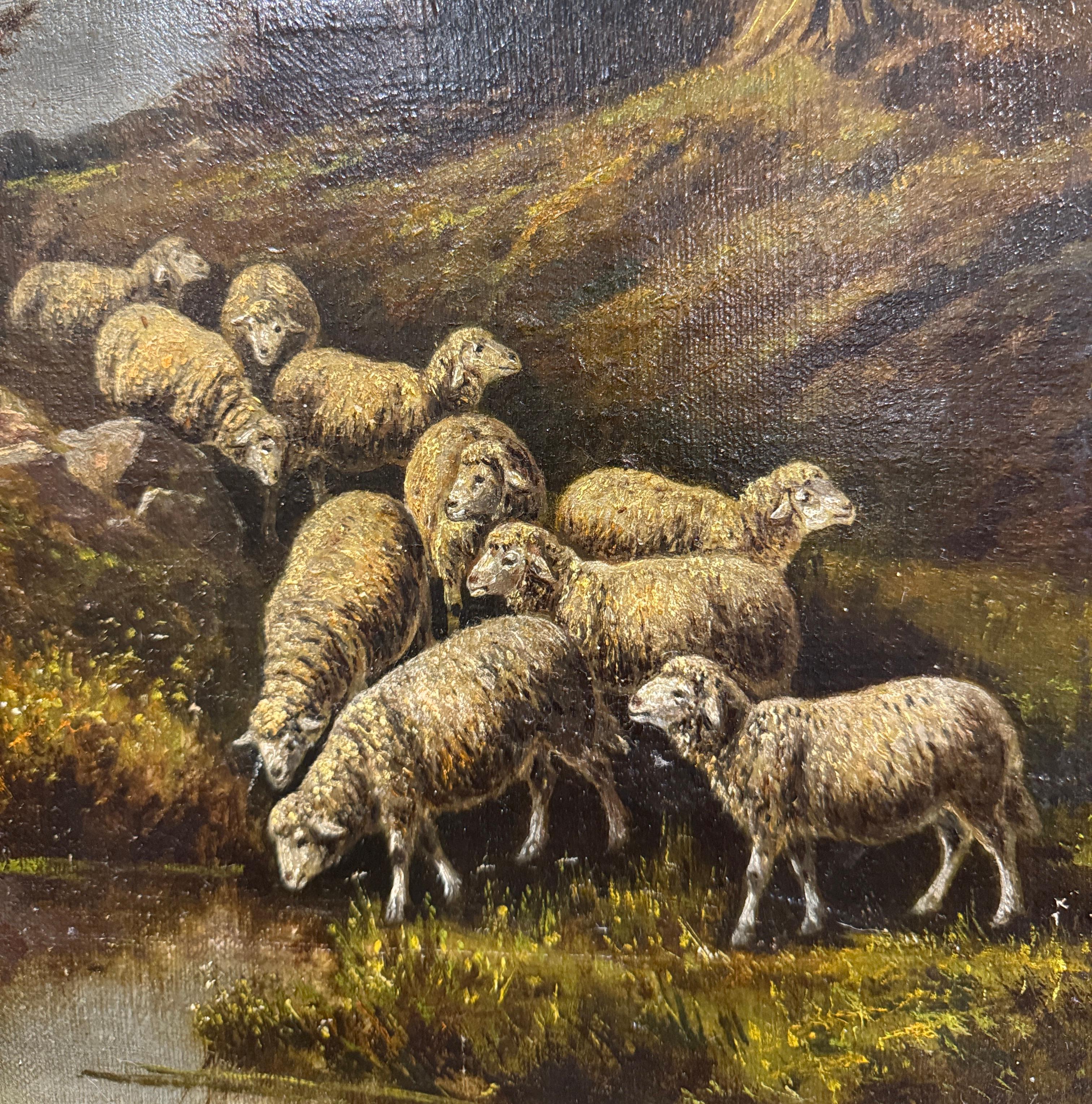 Pittura ad olio su pecora italiana del XIX secolo con cornice dorata intagliata firmata G. Milone in vendita 2