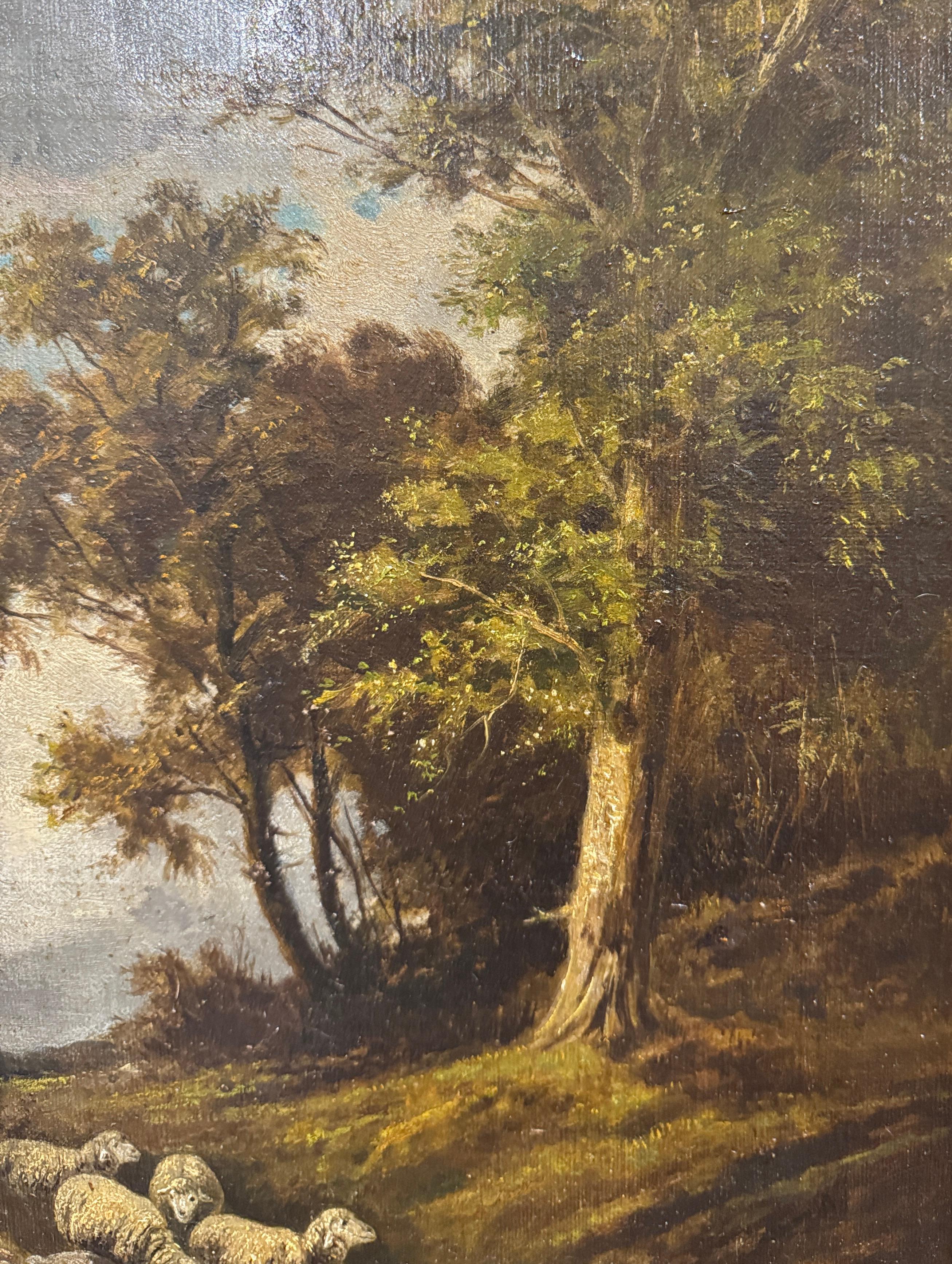 Pittura ad olio su pecora italiana del XIX secolo con cornice dorata intagliata firmata G. Milone in vendita 3