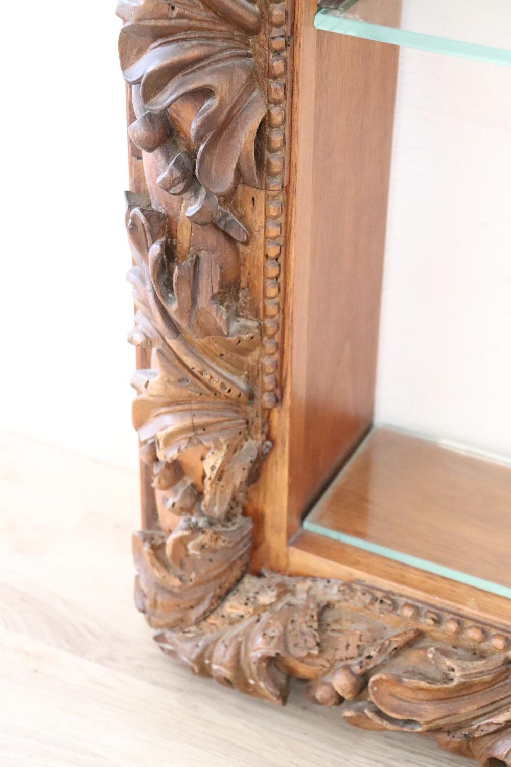 Glass 19th Century Italian Shelves with Antique Carved Walnut Frame For Sale
