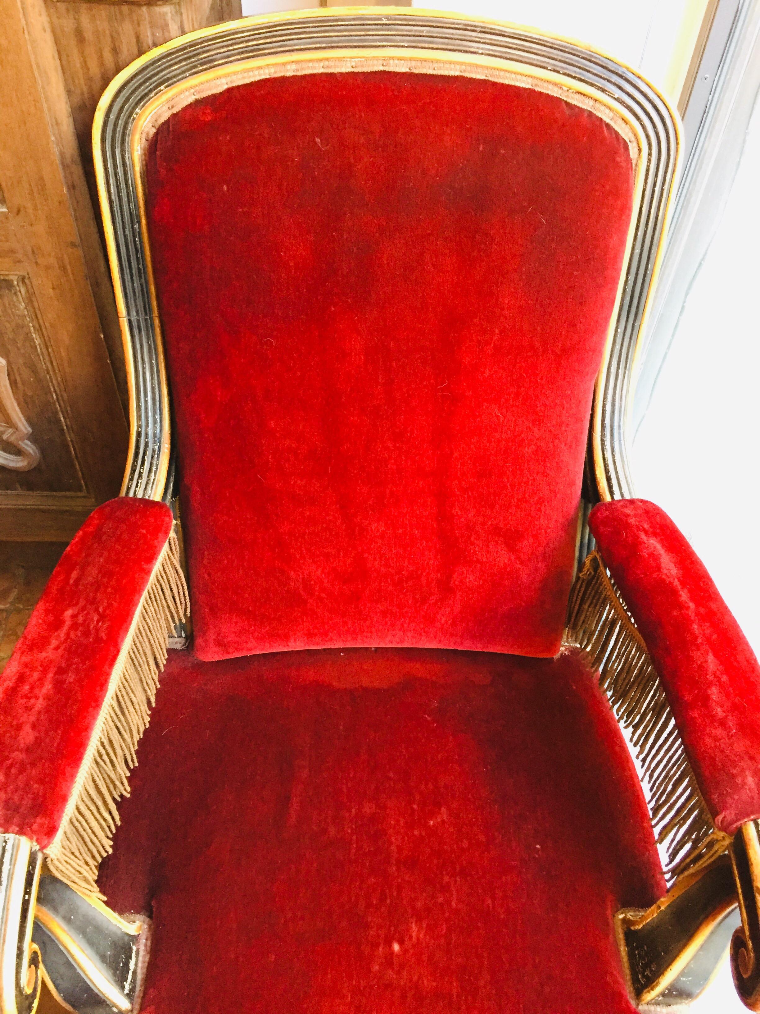 19th Century Italian Sicilian Armchair and Footrest Red Velvet Gilt Details For Sale 4