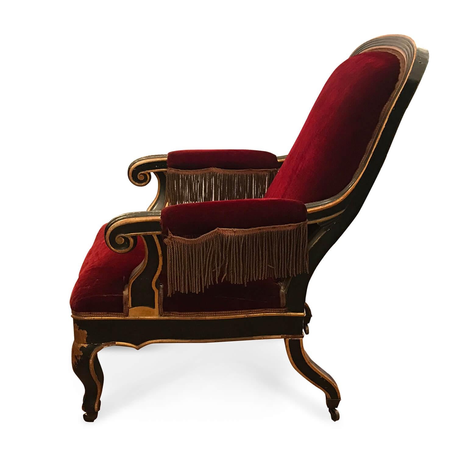 19th Century Italian Sicilian Armchair and Footrest Red Velvet Gilt Details For Sale 1
