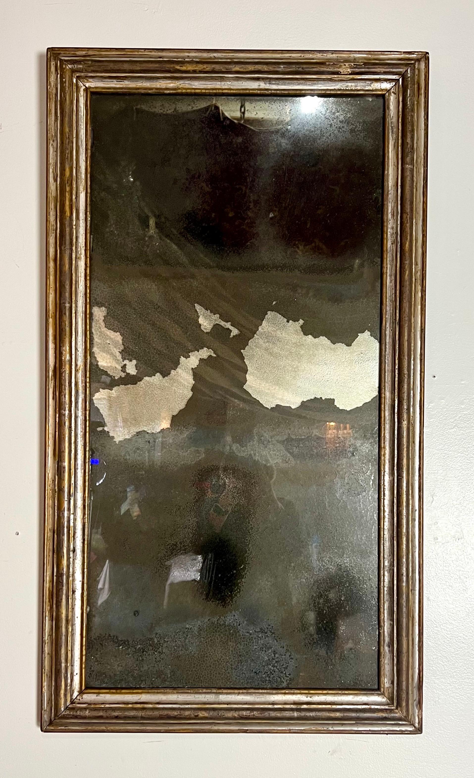 Italienischer rechteckiger Spiegel aus dem 19. Jahrhundert in Blattsilberoptik mit antikem Spiegeleinsatz.  