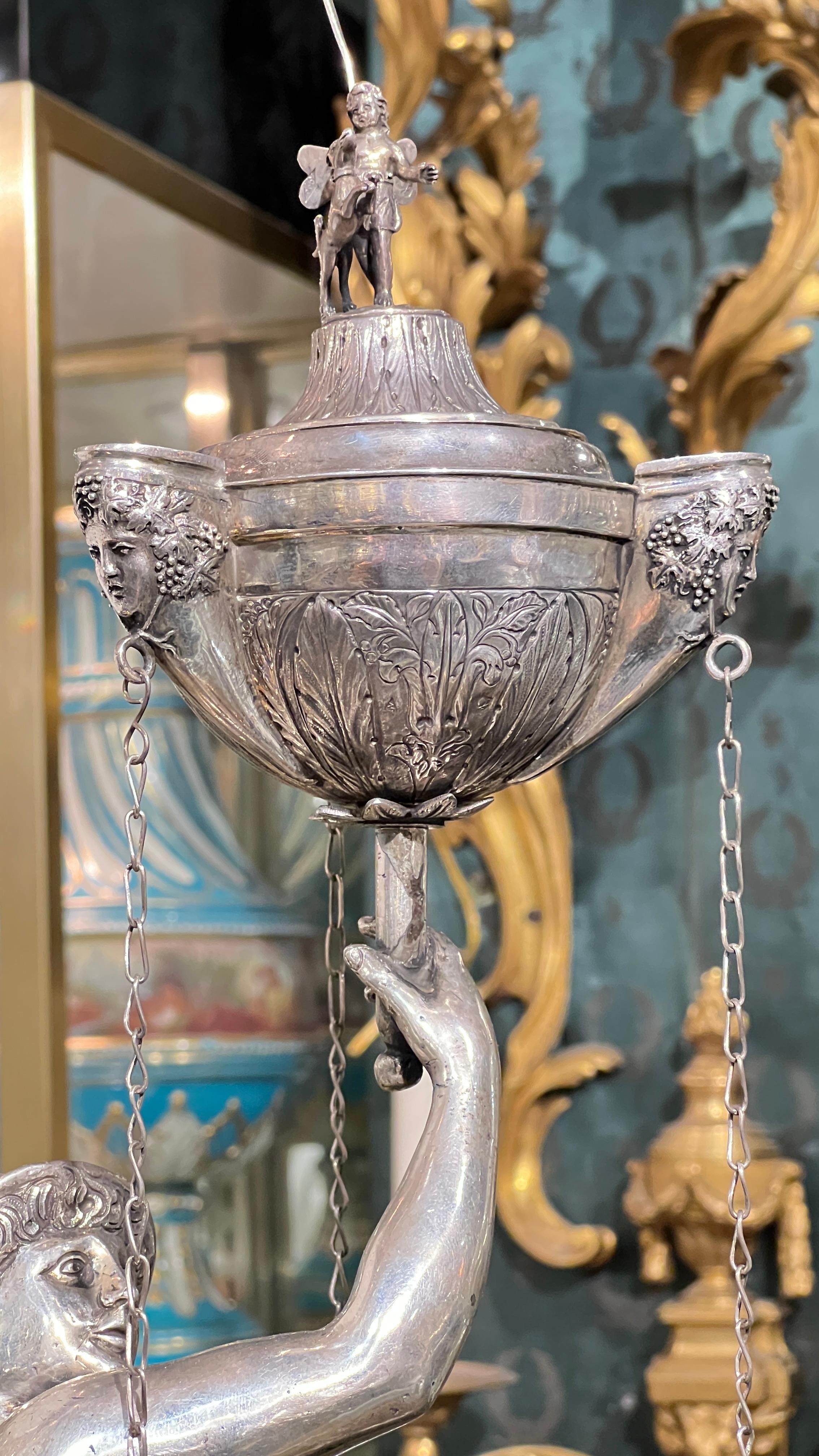 Neoclassical 19th Century Italian Silver Oil Lamp Depicting Mercury After Giambologna For Sale