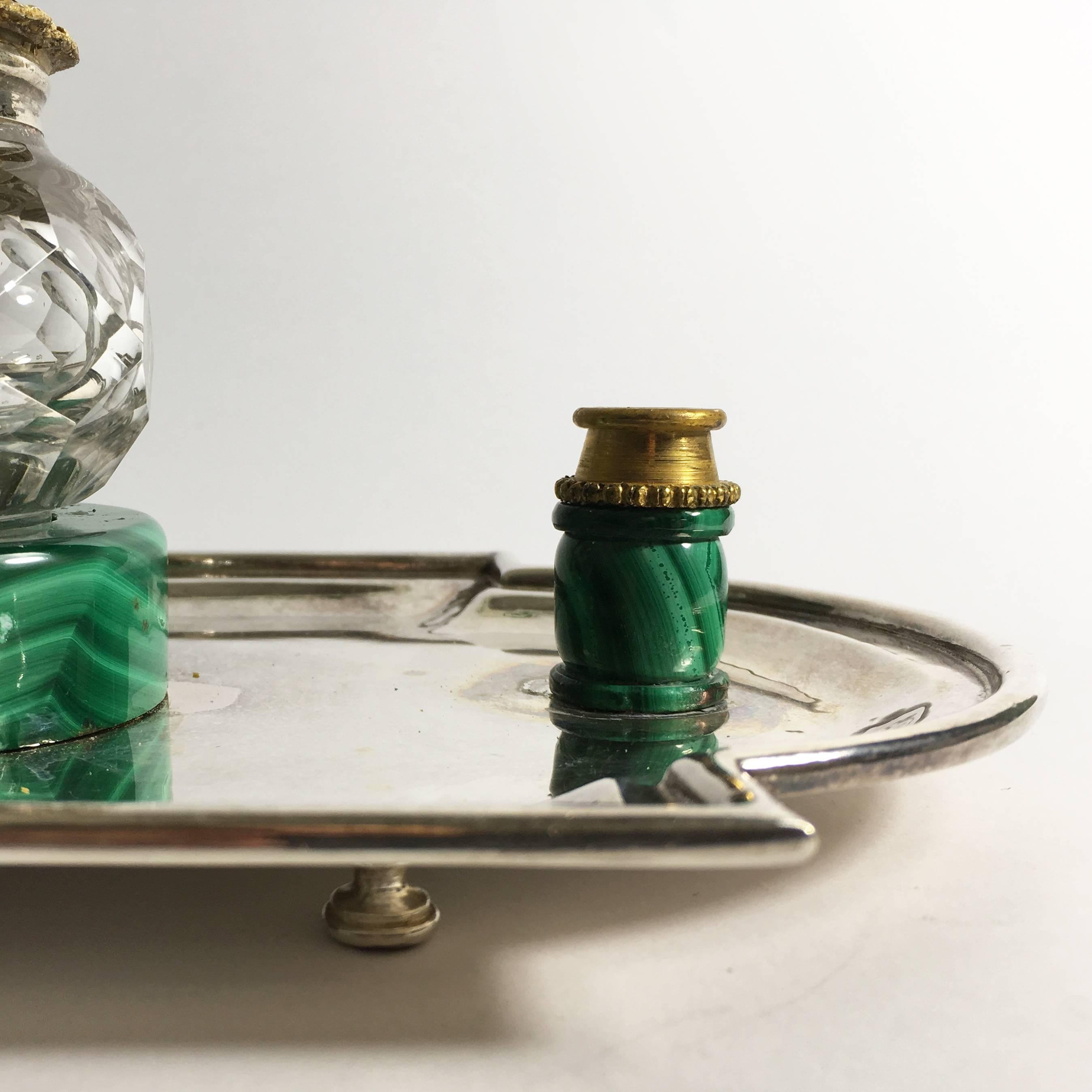 19th Century Italian Silver, Ormolu, Malachite and Crystal Inkwell with Fish 6