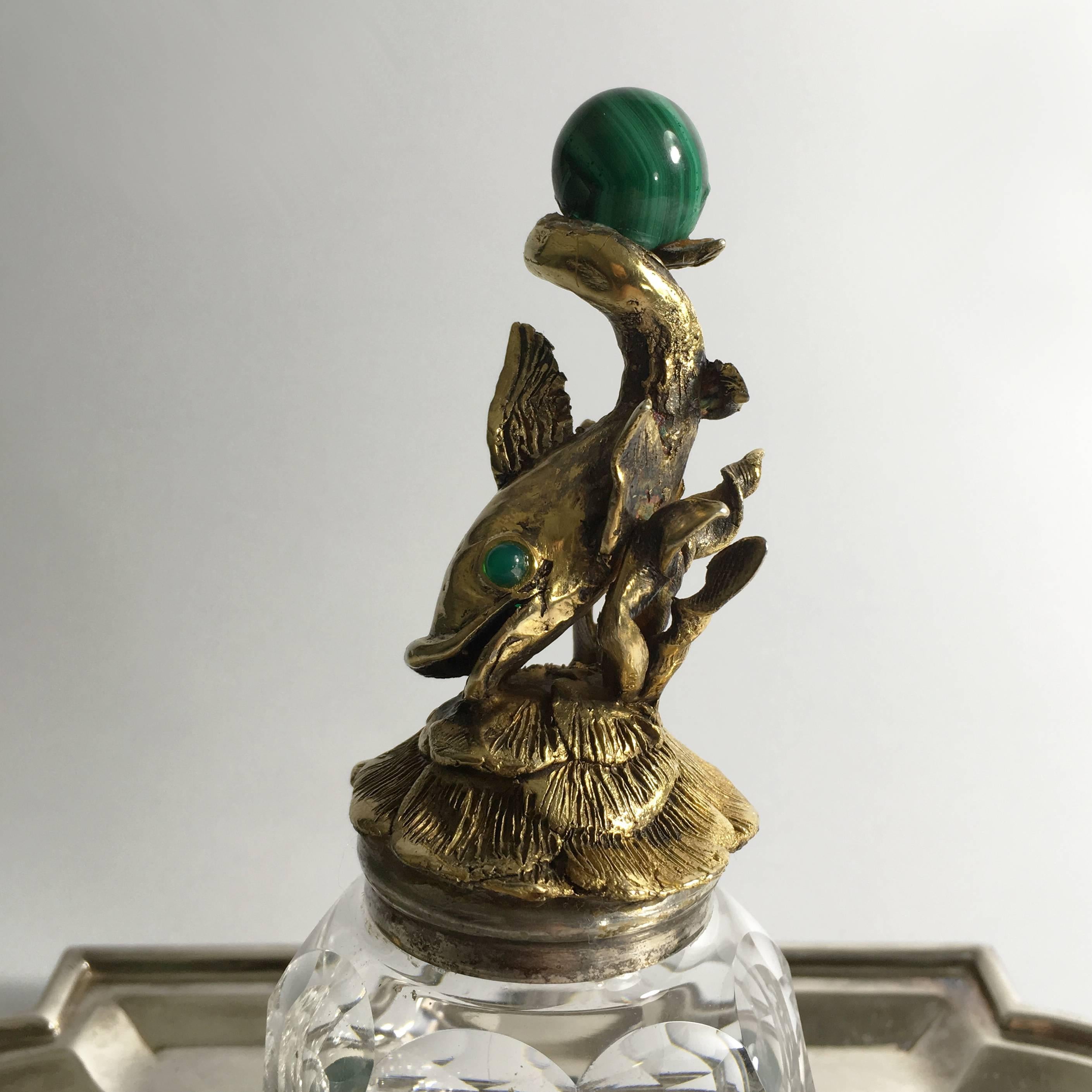 19th Century Italian Silver, Ormolu, Malachite and Crystal Inkwell with Fish In Good Condition In Firenze, IT