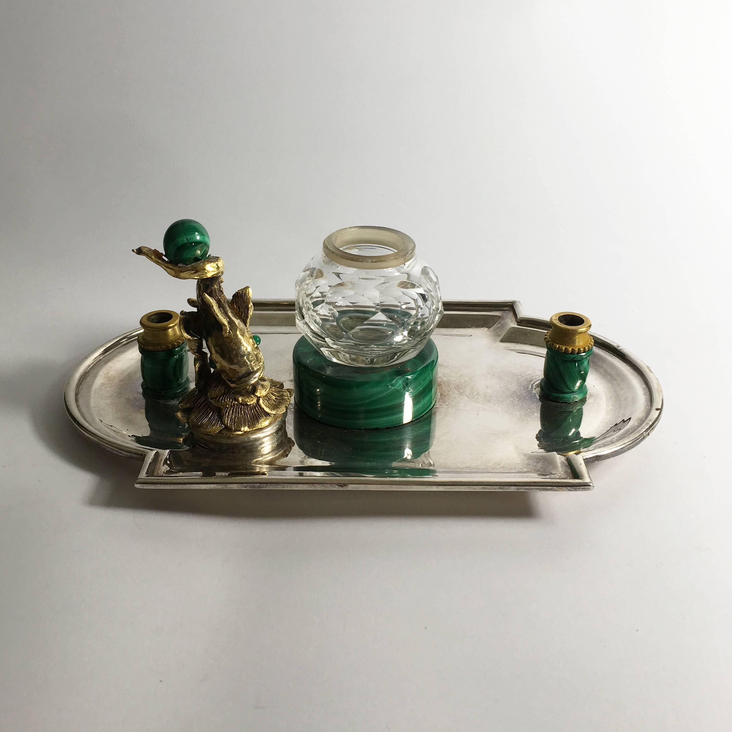 Late 19th Century 19th Century Italian Silver, Ormolu, Malachite and Crystal Inkwell with Fish